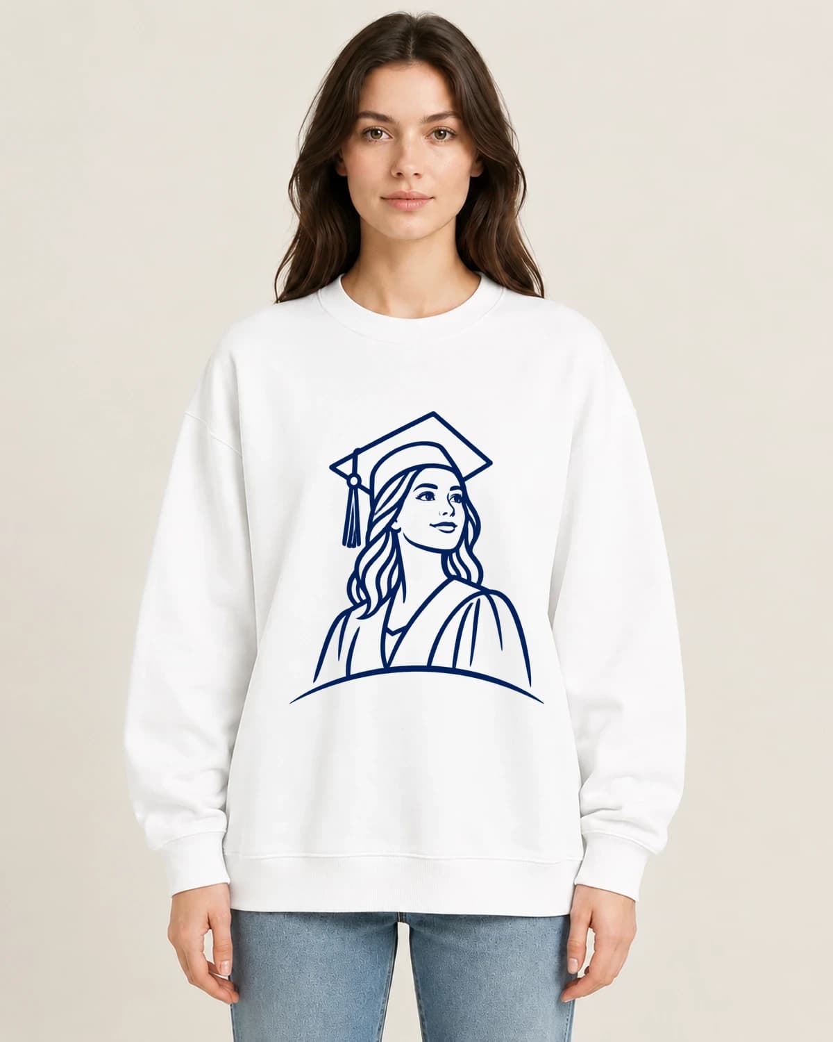 Graduate Ink Horizon on women's 220gsm White crewneck; illustrative styling