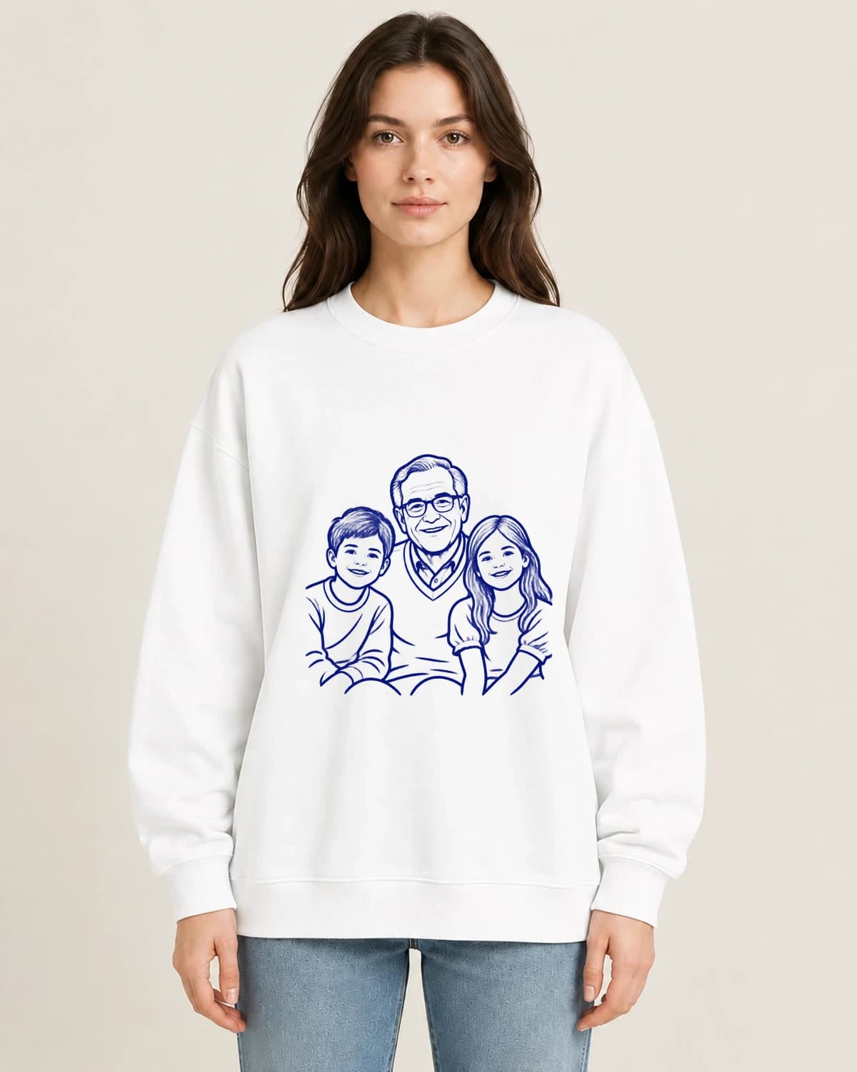Grandfather Three Contours on women's 220gsm White crewneck; illustrative styling