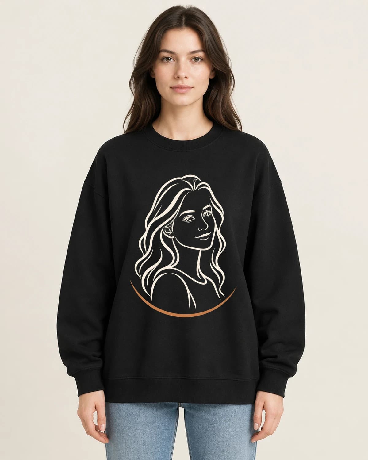 Lasting Bond Ink Study on women's 220gsm Black crewneck; illustrative styling