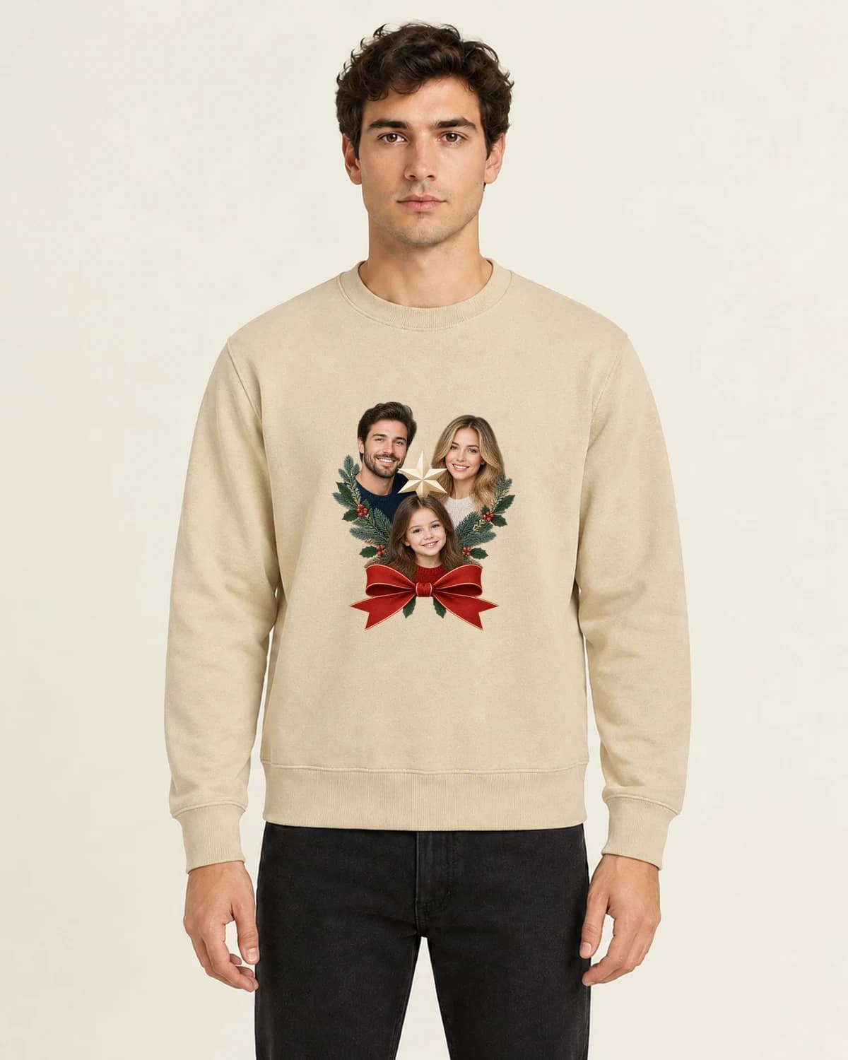 Family Christmas Photo Letter, men's 260gsm Sand; illustrative styling