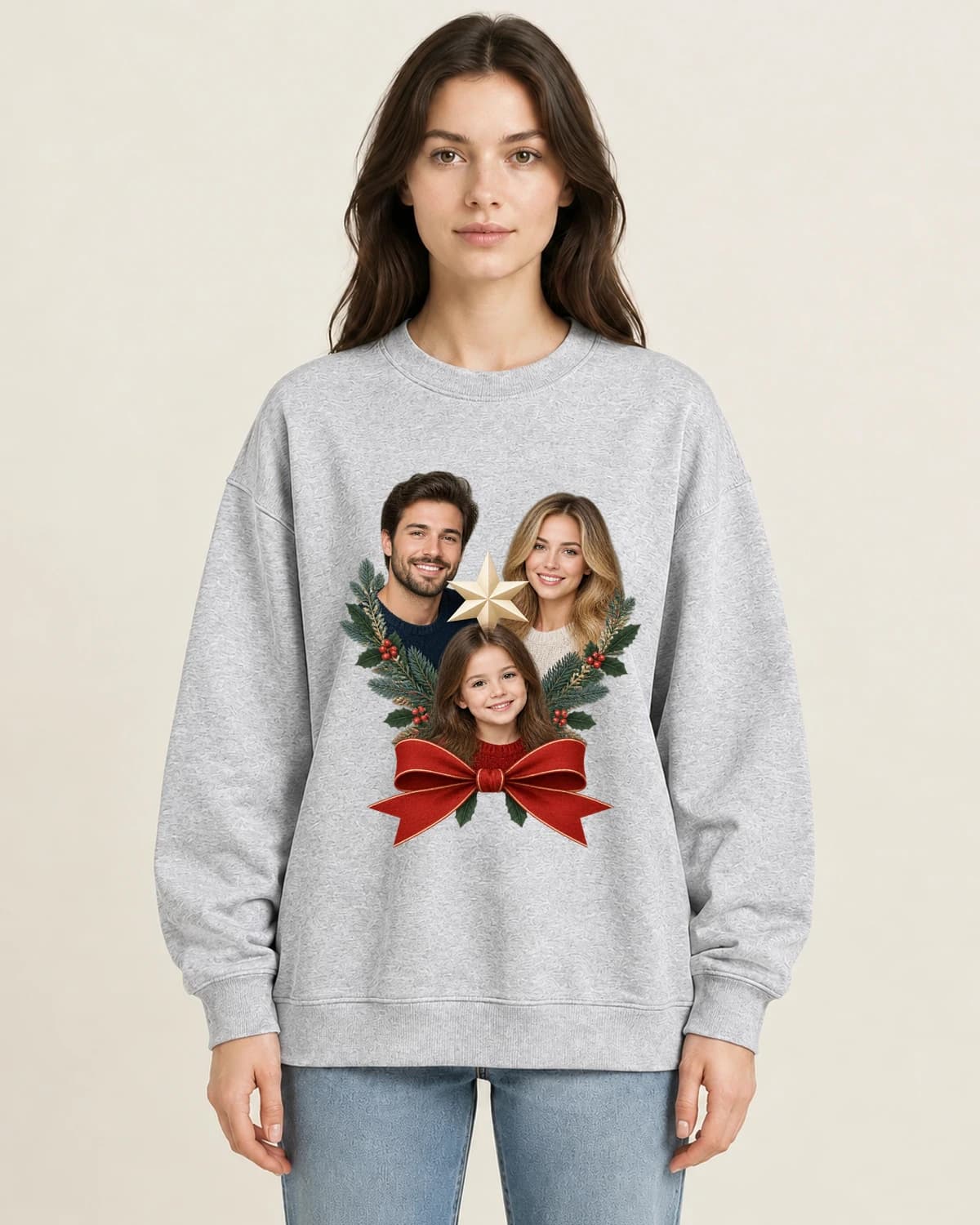 Family Christmas Photo Letter on women's 220gsm Gray crewneck; illustrative styling