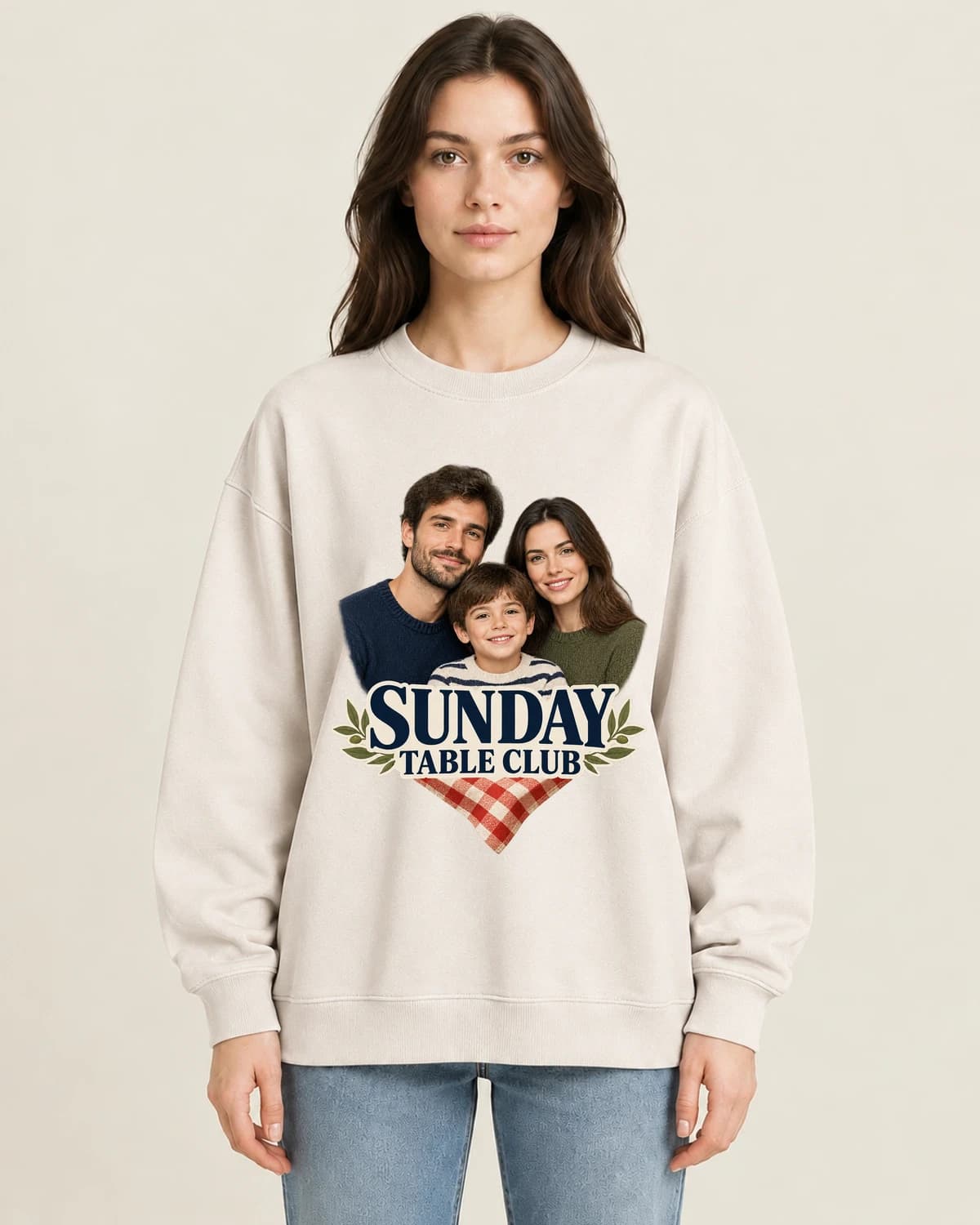 Three Seat Sunday Club on women's 220gsm Apricot crewneck; illustrative styling