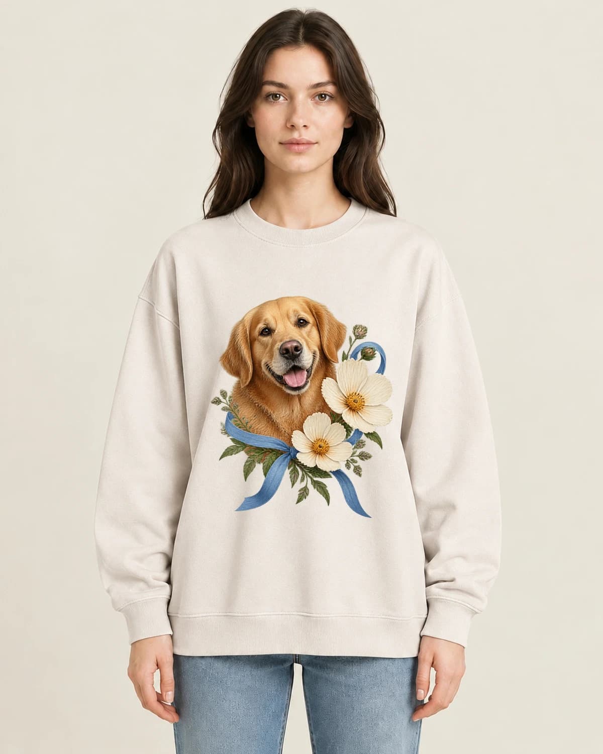 Gentle Dog Wildflower on women's 220gsm Apricot crewneck; illustrative styling