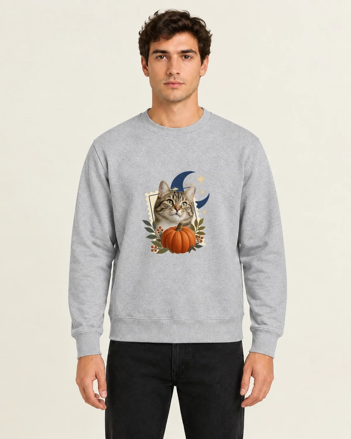 Halloween Pet Photo Sweatshirts: Moonlit Cat Pumpkin Post on men's crewneck; illustrative styling