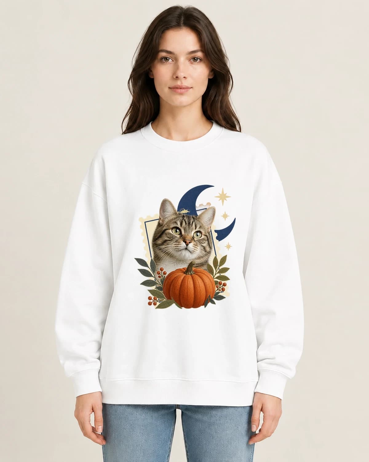 Moonlit Cat Pumpkin Post on women's 220gsm White crewneck; illustrative styling
