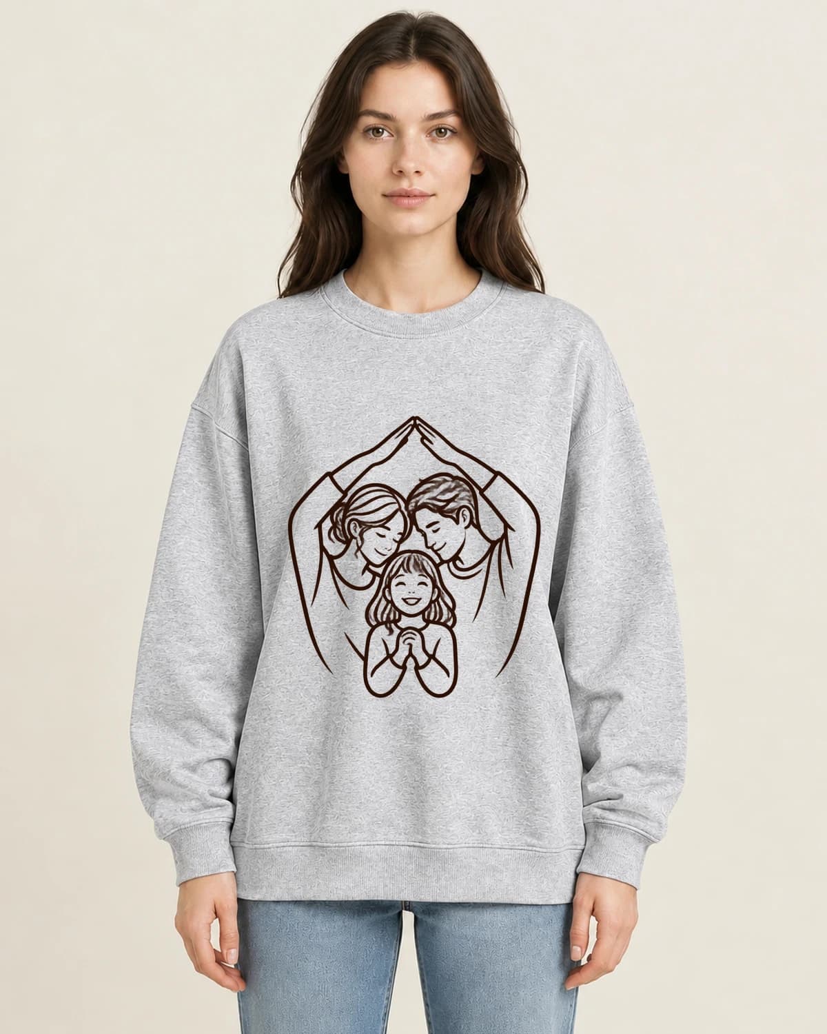 Family Three Ink Shelter on women's 220gsm Gray crewneck; illustrative styling