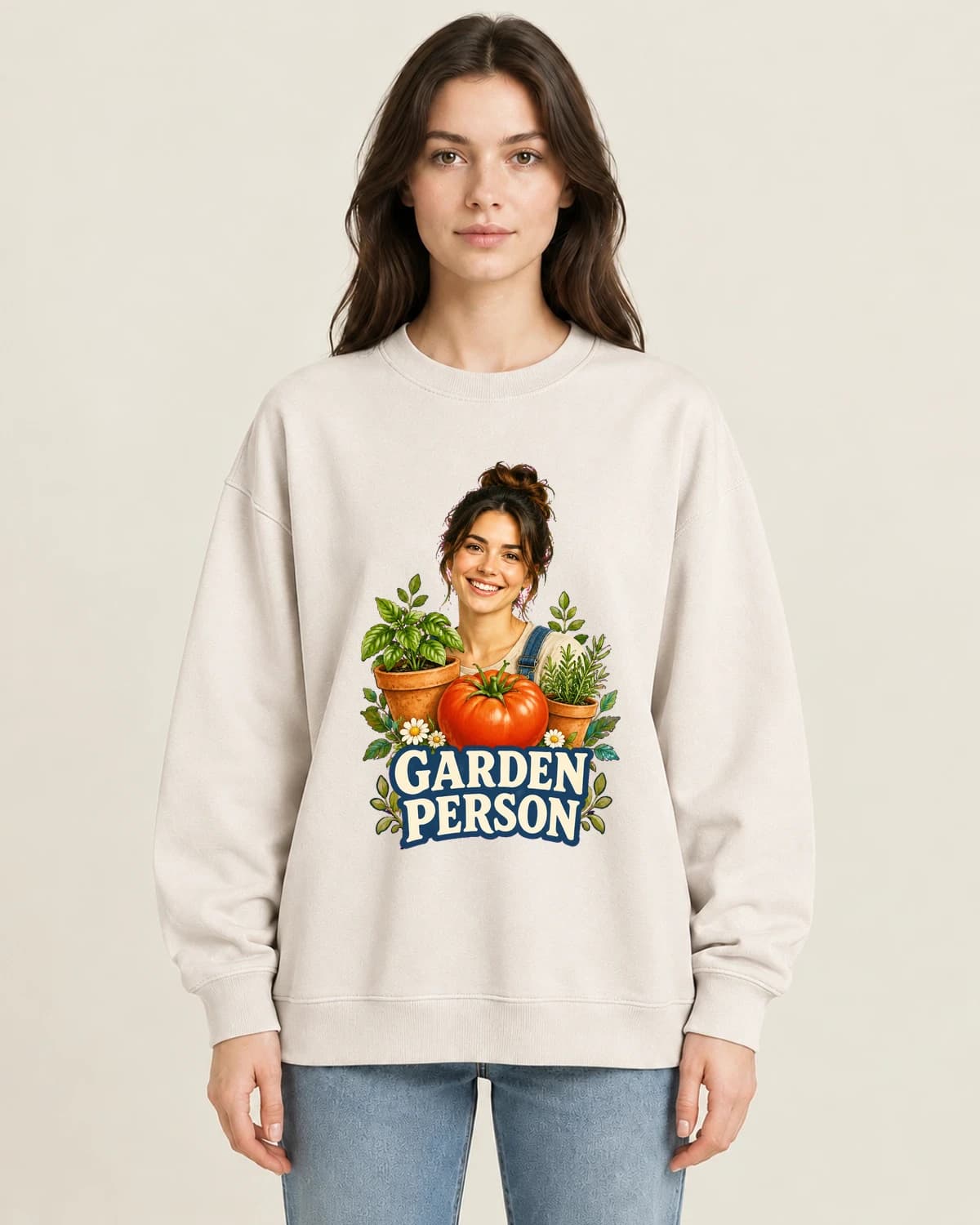 Garden Person Weekend on women's 220gsm Apricot crewneck; illustrative styling
