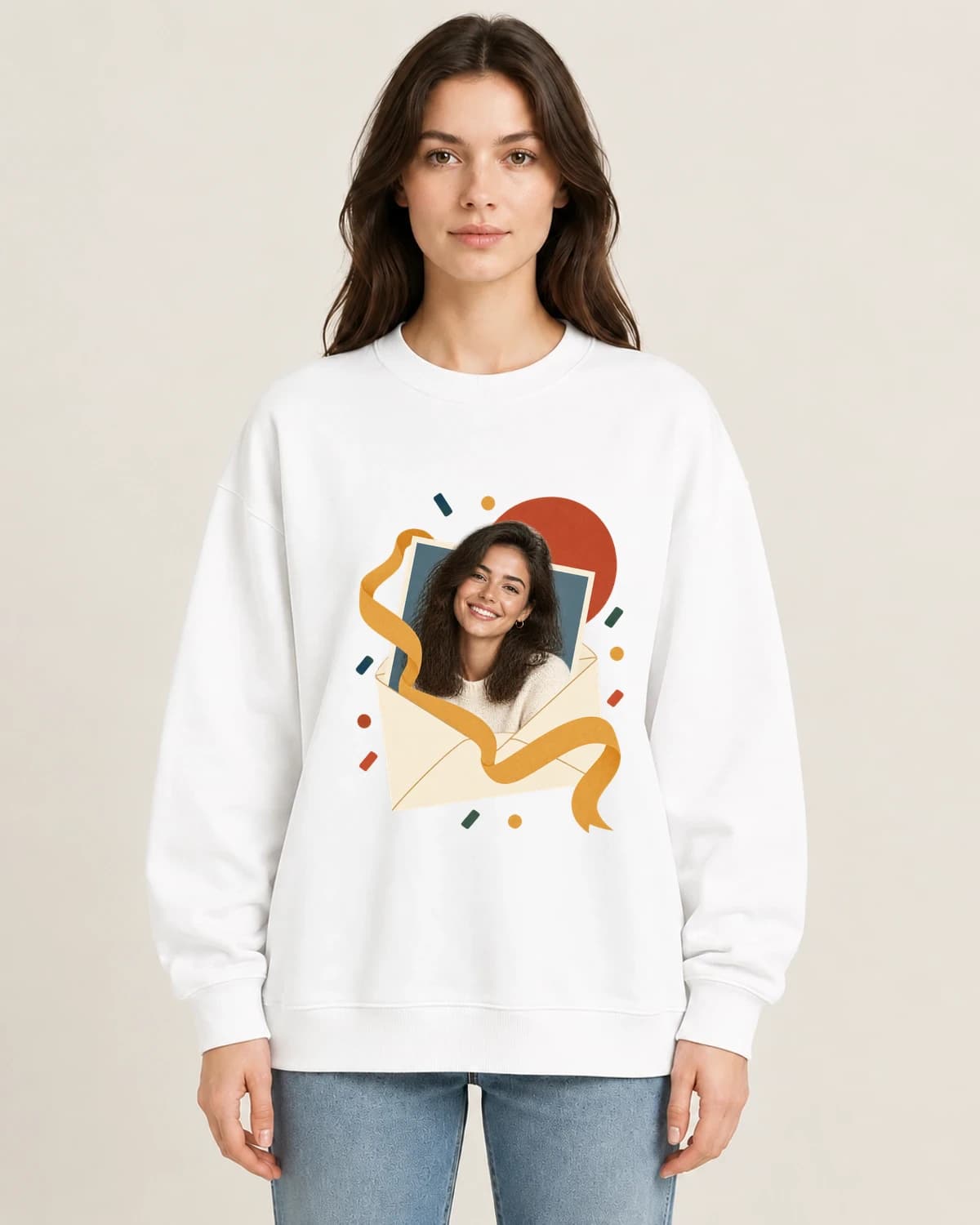 Birthday Photo Sweatshirts: Their Birthday Photo Letter on women's crewneck; illustrative styling