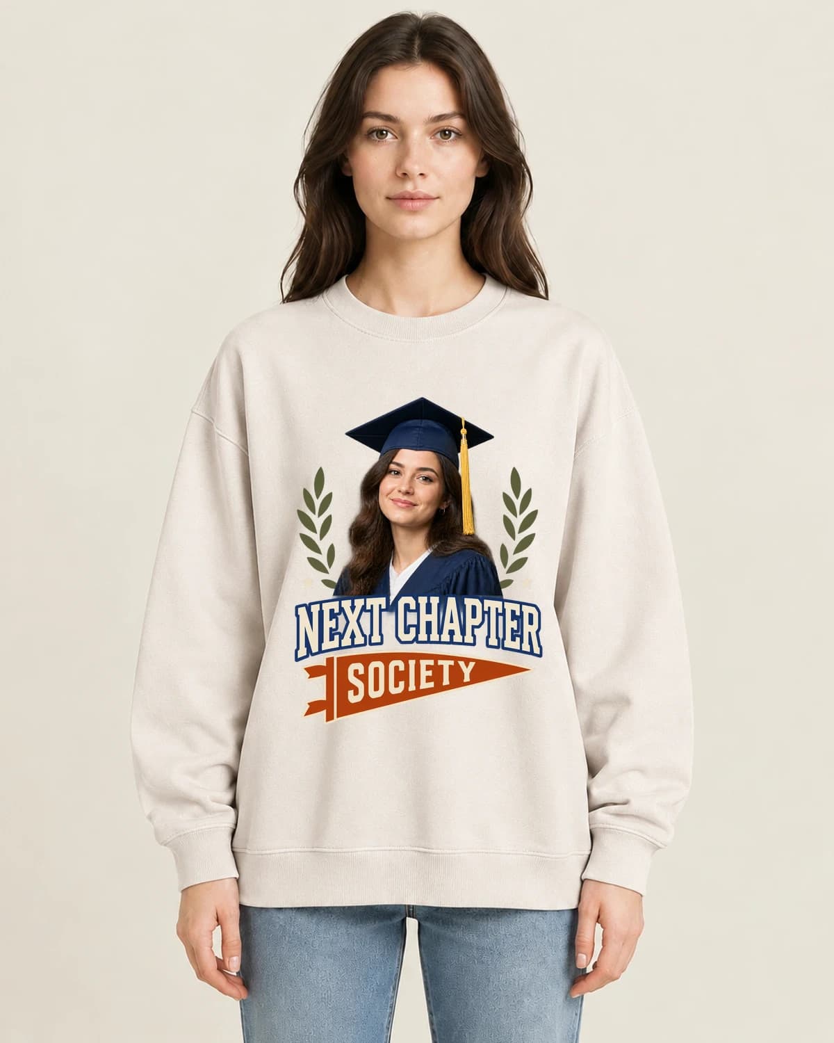 Graduate Class Society on women's 220gsm Apricot crewneck; illustrative styling