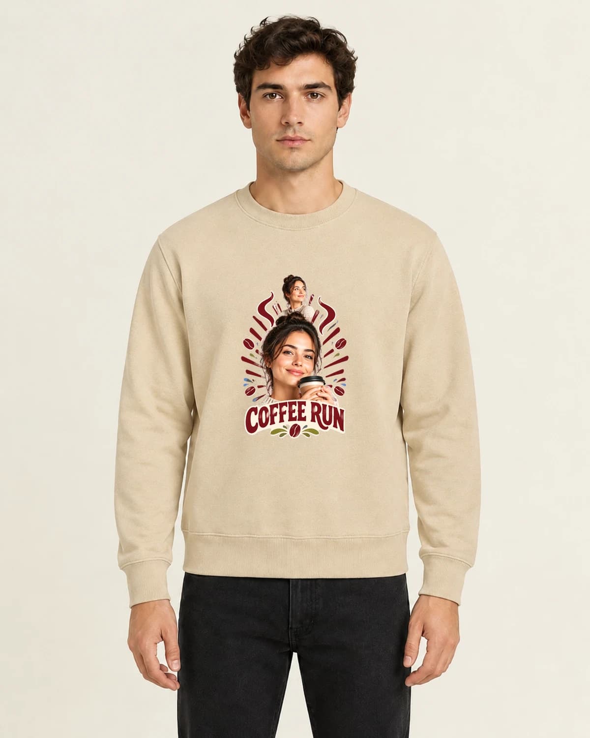 Coffee Run Main Character, men's 260gsm Sand; illustrative styling