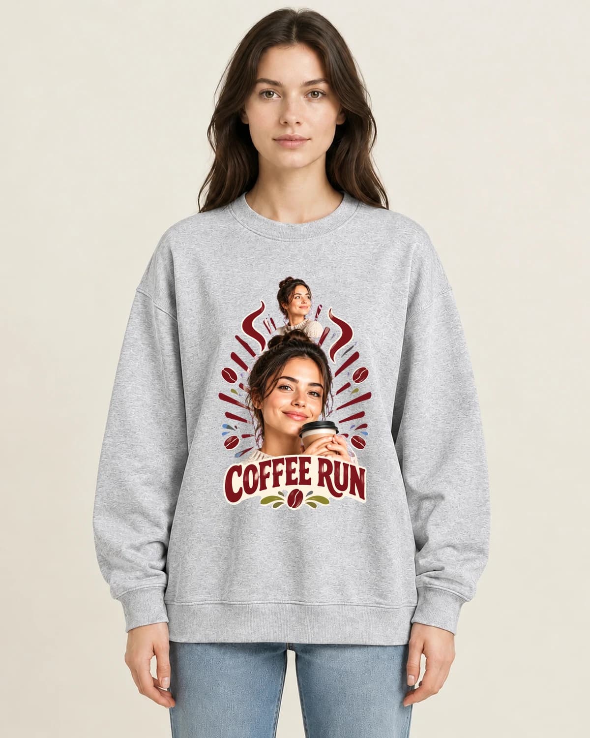 Coffee Run Main Character on women's 220gsm Gray crewneck; illustrative styling