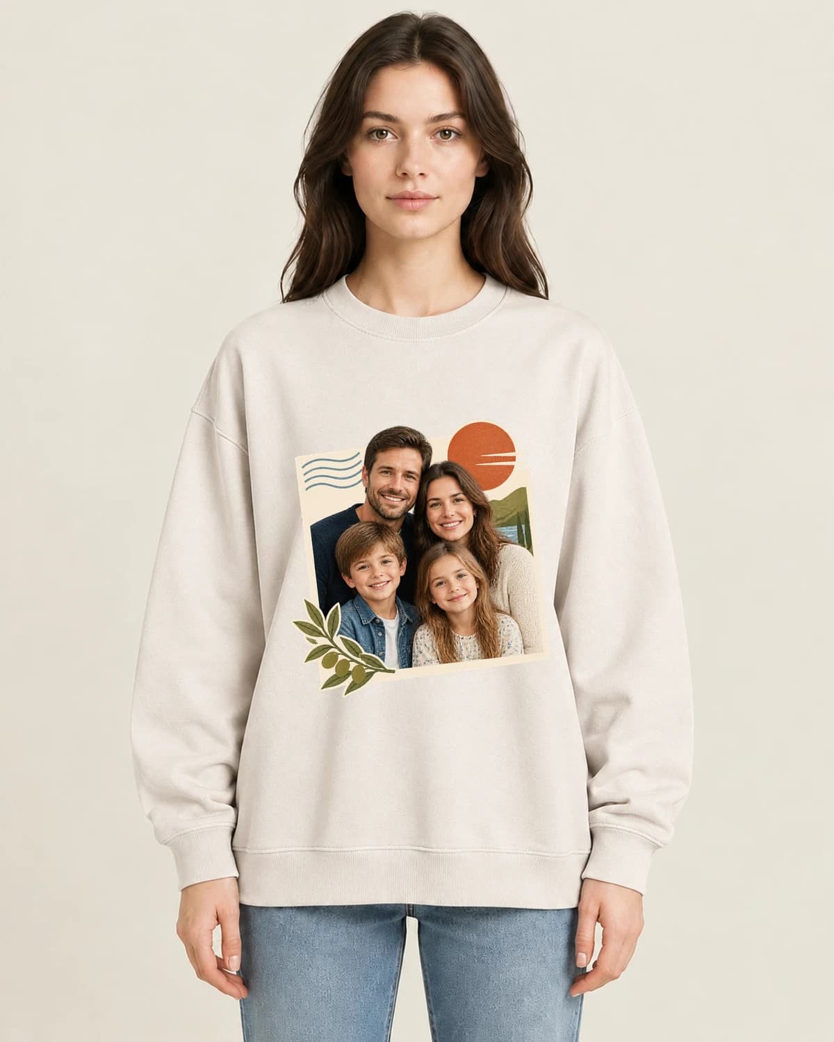Reunion Memory Postcard on women's 220gsm Apricot crewneck; illustrative styling