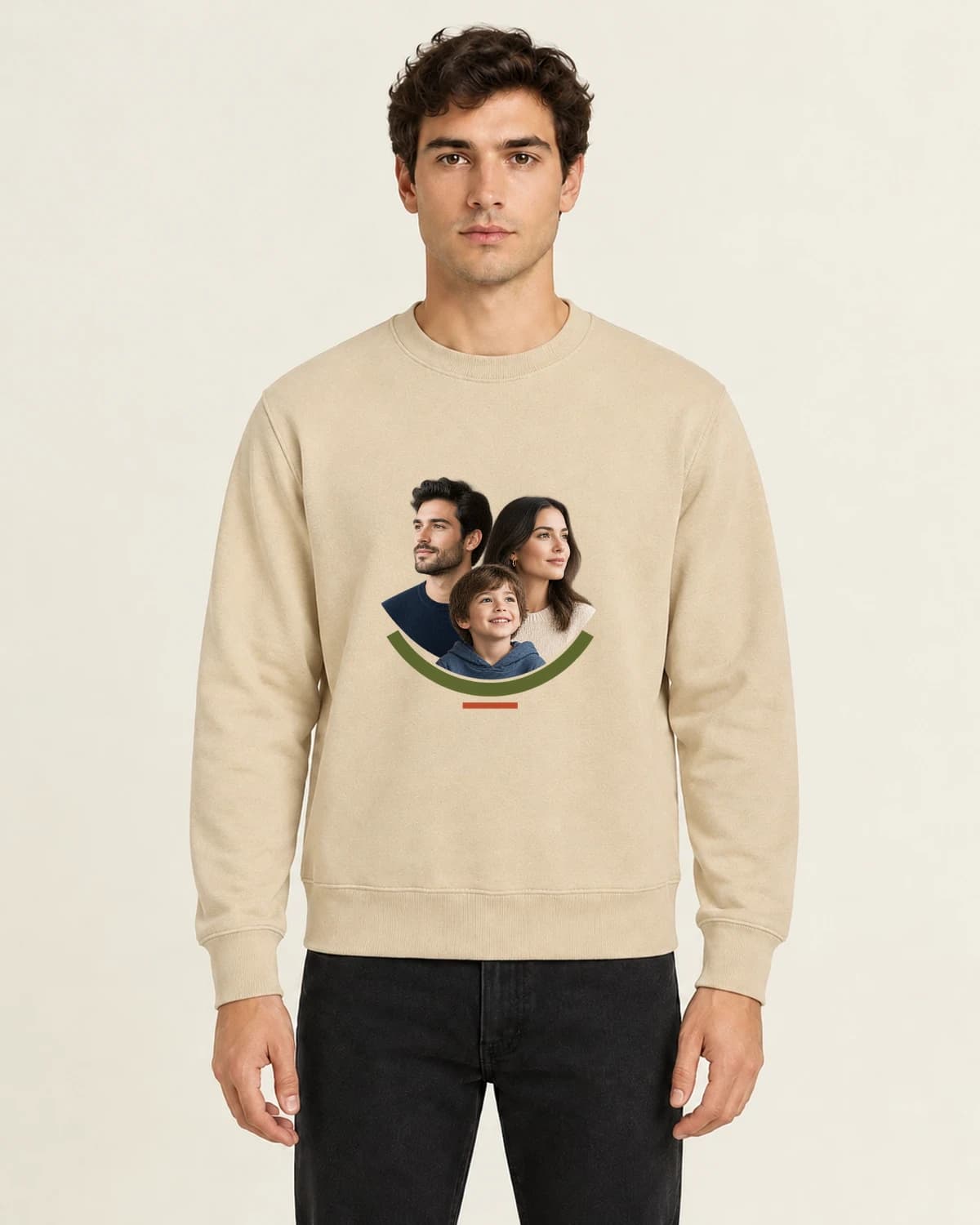 Three People Quiet Arc, men's 260gsm Sand; illustrative styling