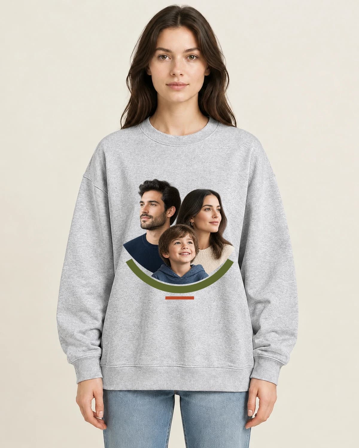 Three People Quiet Arc on women's 220gsm Gray crewneck; illustrative styling