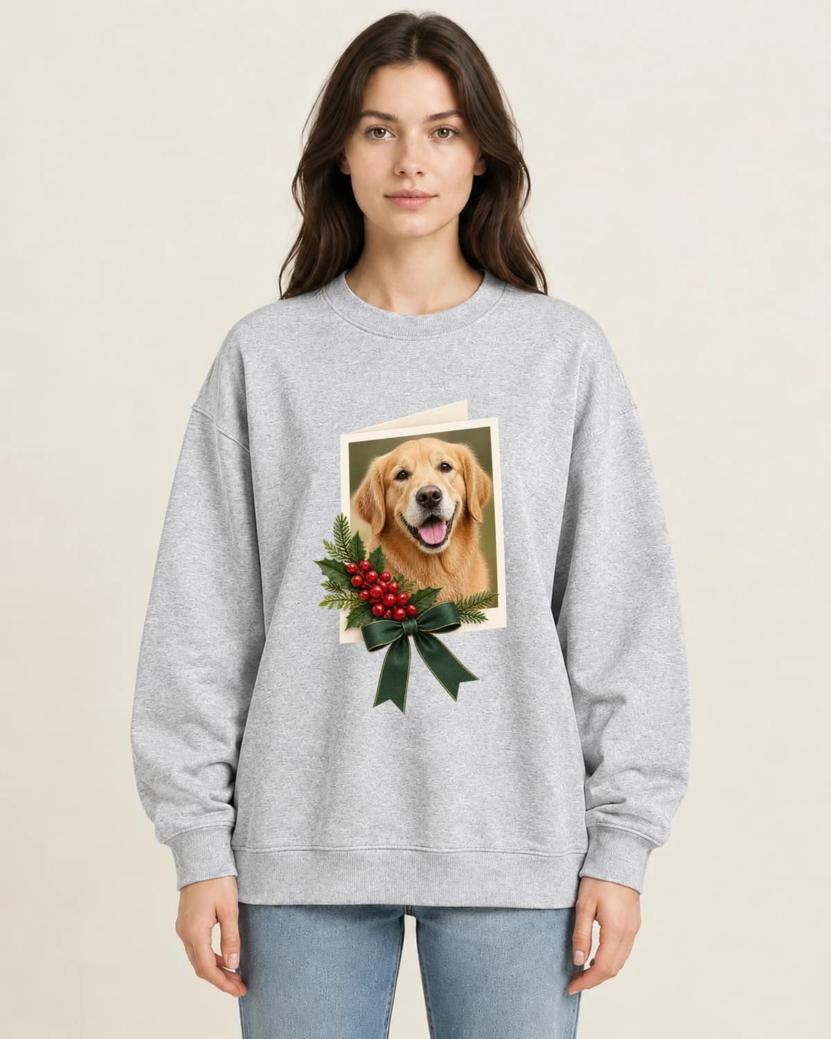 Festive Dog Photo Card on women's 220gsm Gray crewneck; illustrative styling