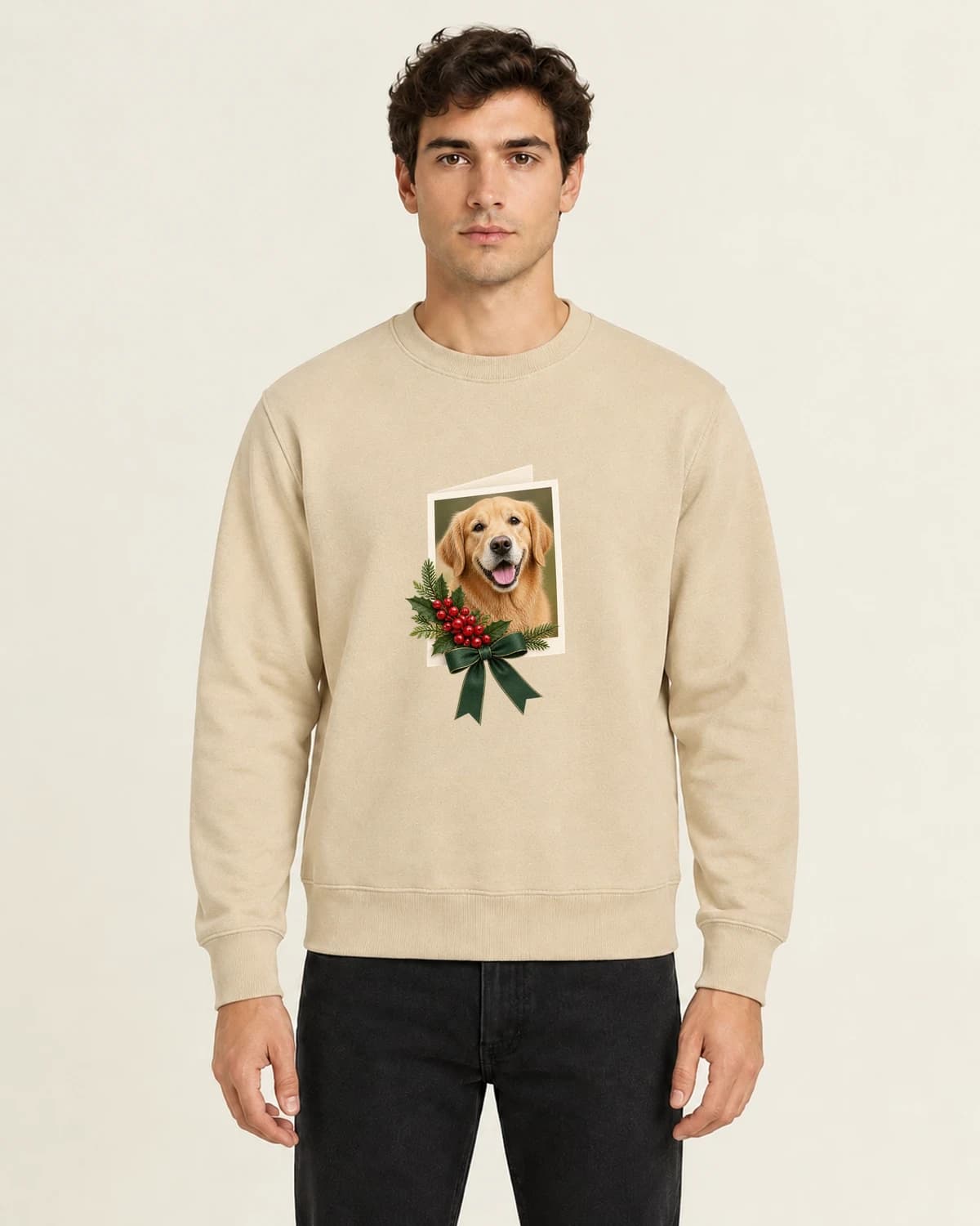 Festive Dog Photo Card, men's 260gsm Sand; illustrative styling