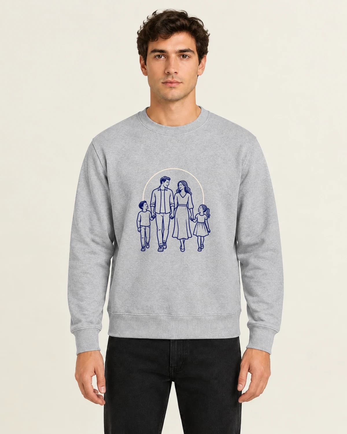 Your people, together: Four People One Line Home on men's crewneck; illustrative styling