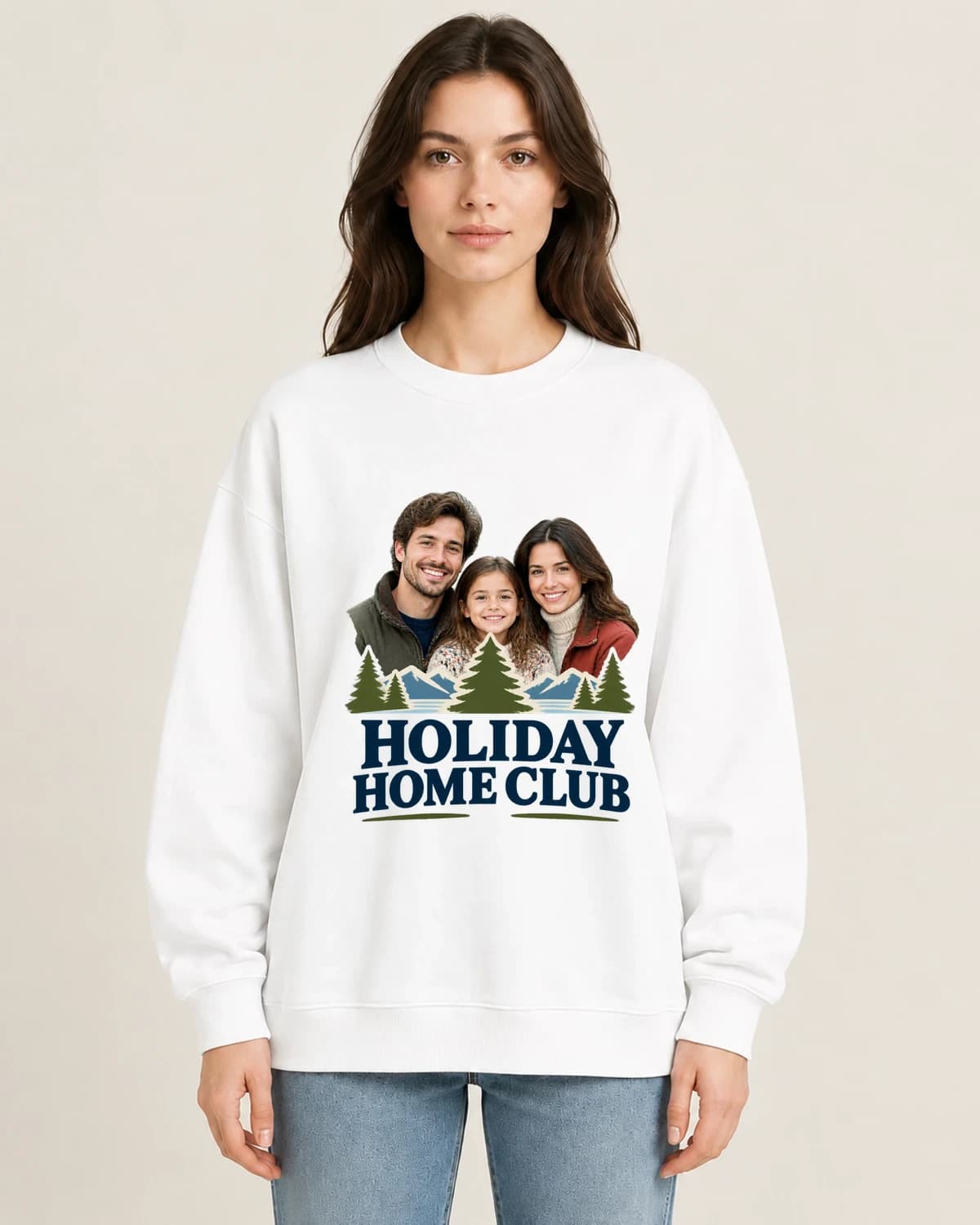 Our Holiday Home Club on women's 220gsm White crewneck; illustrative styling