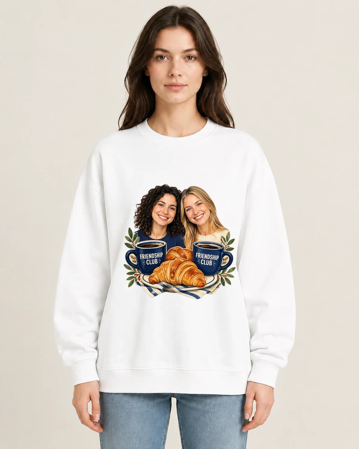 Your favorite human: The Friendship Breakfast Club on women's crewneck; illustrative styling