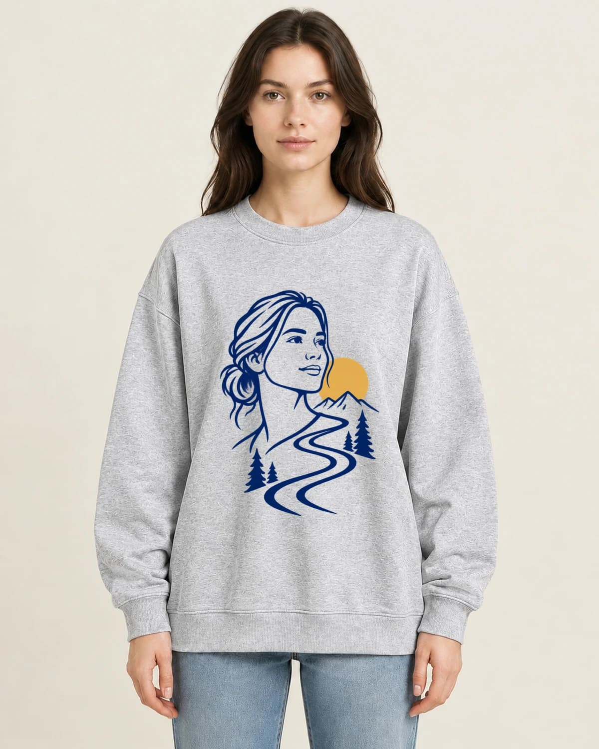 Trail Portrait Switchback on women's 220gsm Gray crewneck; illustrative styling