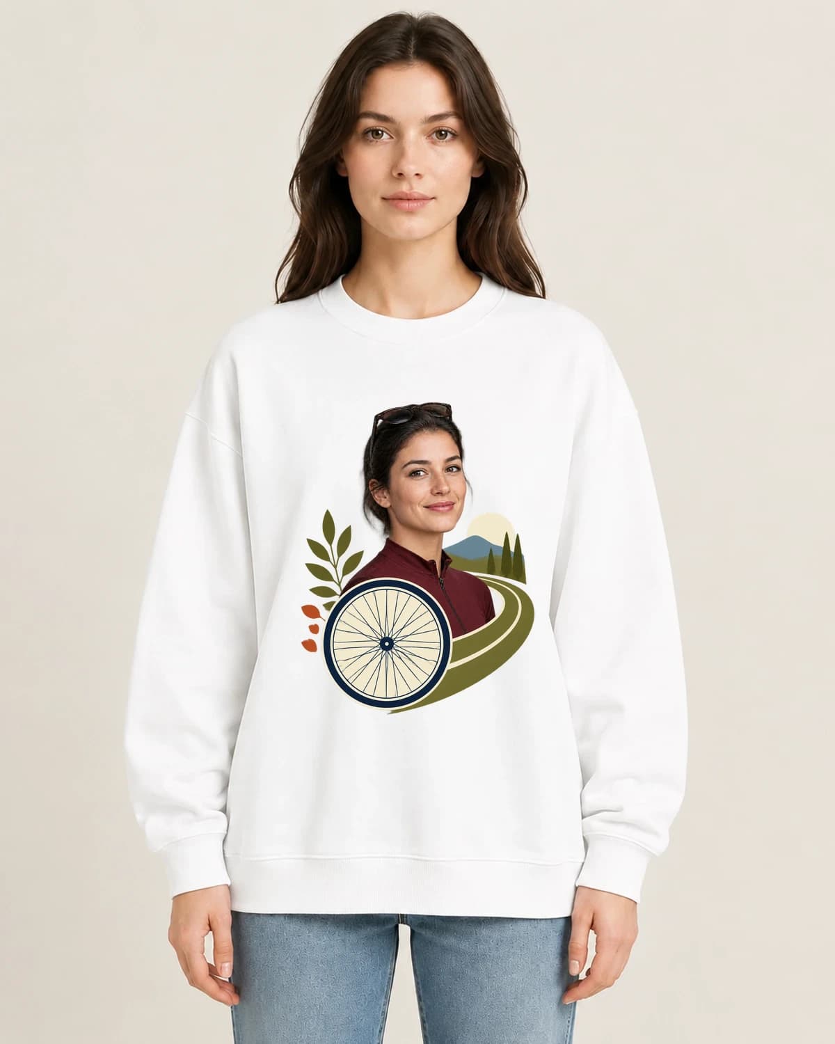Weekend Cyclist Portrait on women's 220gsm White crewneck; illustrative styling