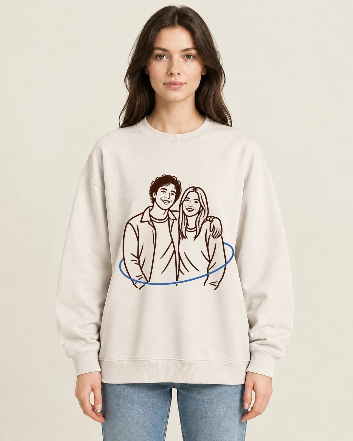 Two Friends Ink Link on women's 220gsm Apricot crewneck; illustrative styling