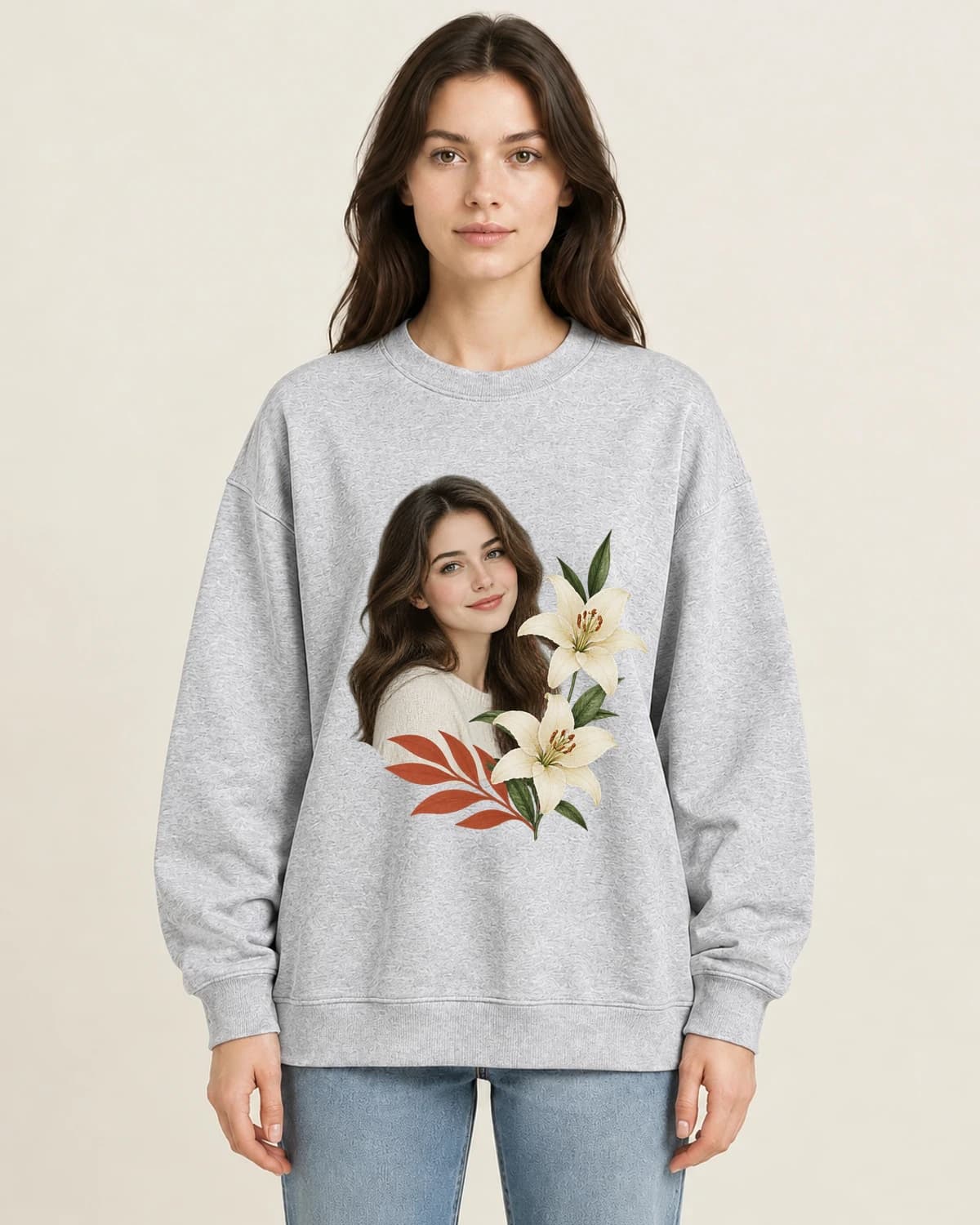 Memory Kept In Bloom on women's 220gsm Gray crewneck; illustrative styling