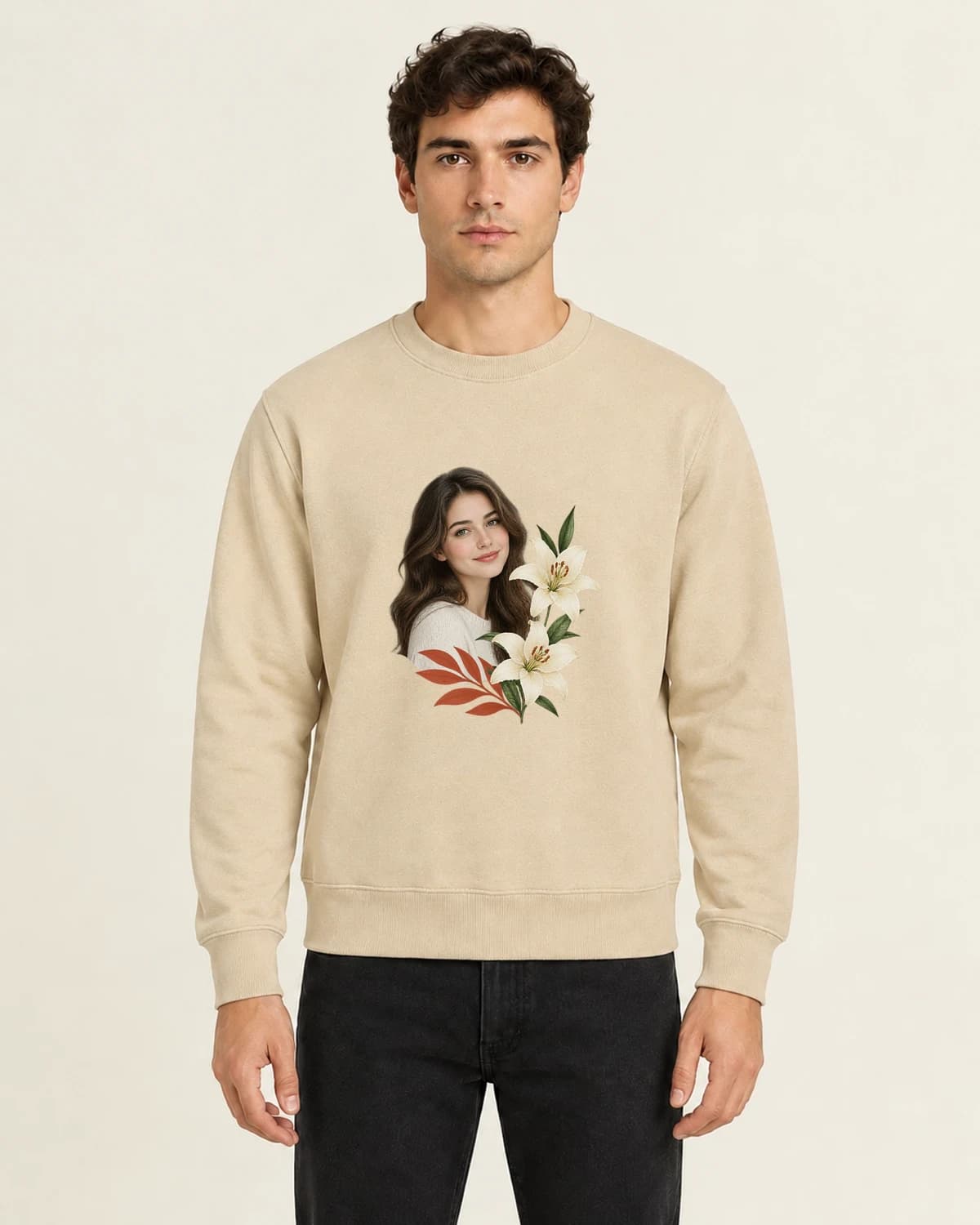 Memory Kept In Bloom, men's 260gsm Sand; illustrative styling