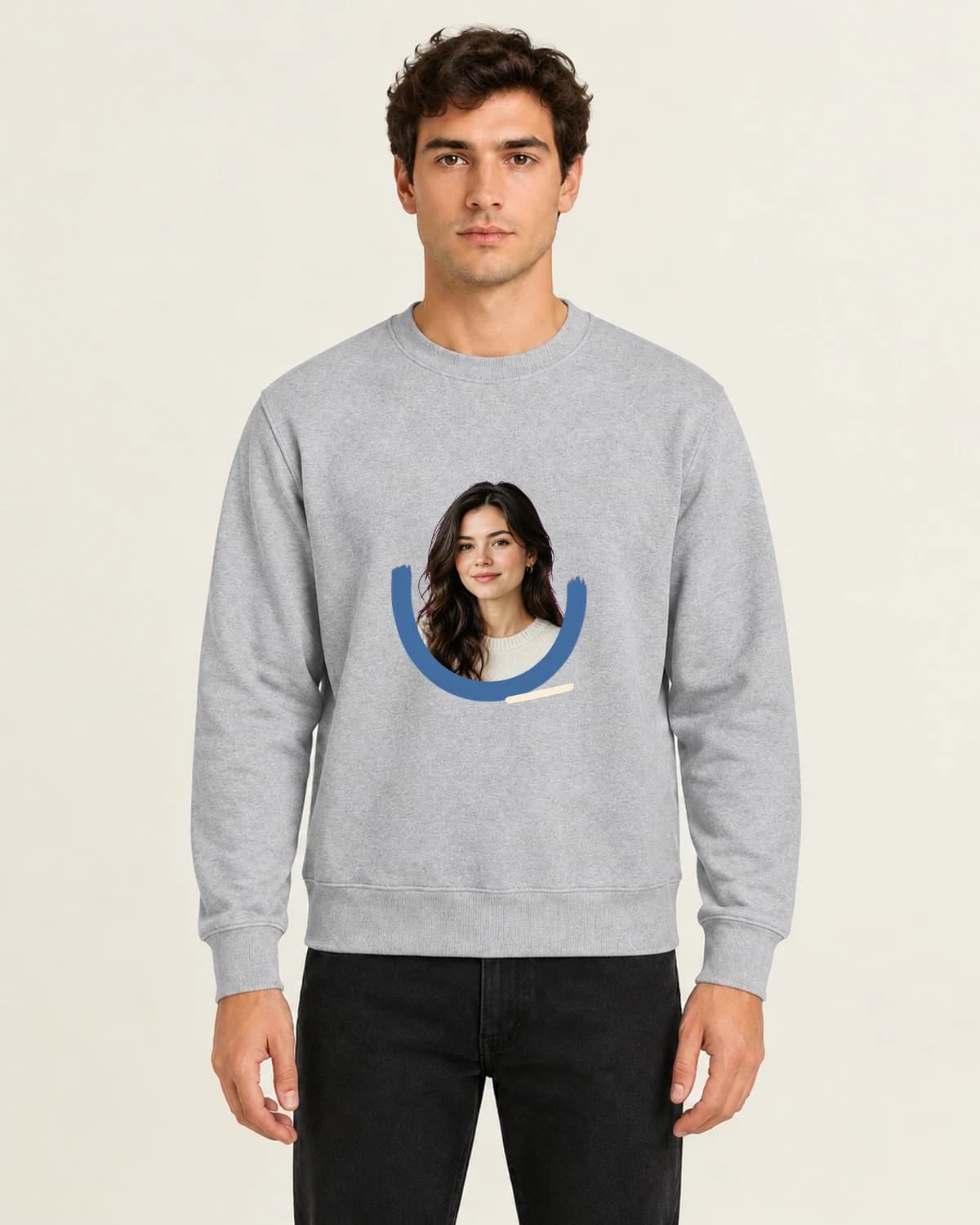 A familiar face, close: Quiet Presence Portrait on men's crewneck; illustrative styling