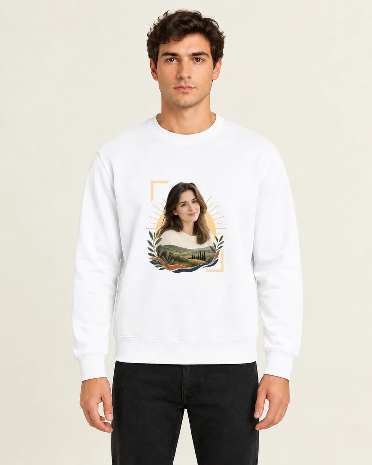 Portrait Beside The Horizon, men's 260gsm White; illustrative styling