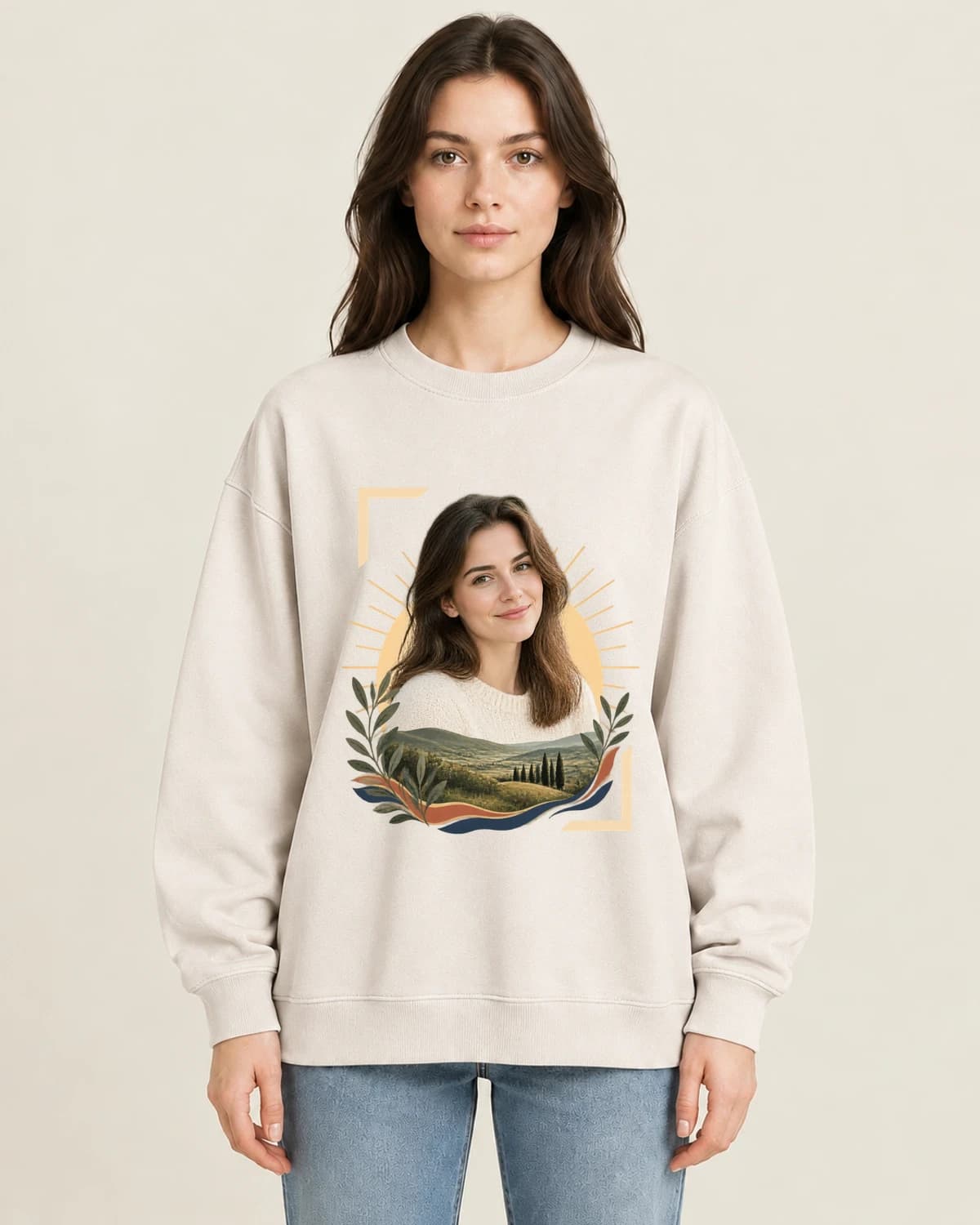 Portrait Beside The Horizon on women's 220gsm Apricot crewneck; illustrative styling