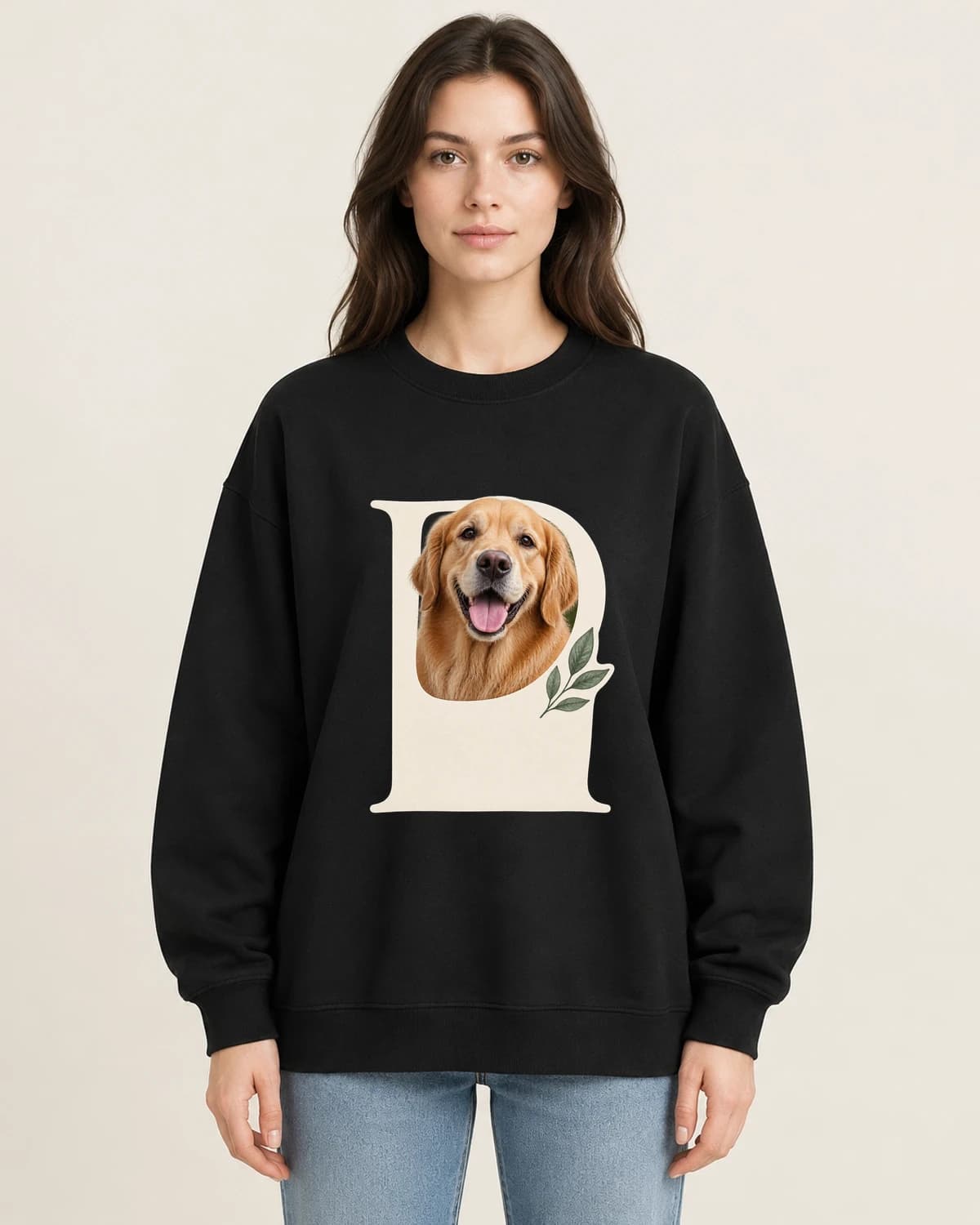 Dog Keepsake Photo Letter on women's 220gsm Black crewneck; illustrative styling