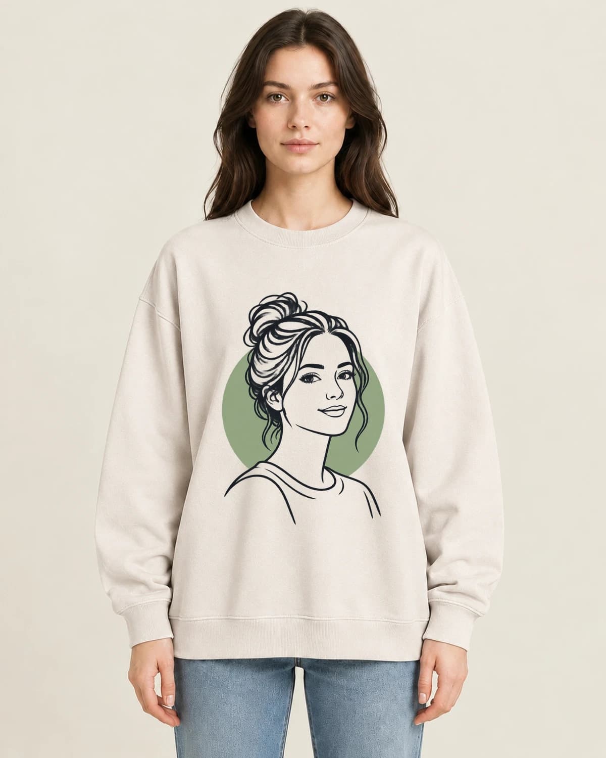 Familiar Face Quiet Ink on women's 220gsm Apricot crewneck; illustrative styling