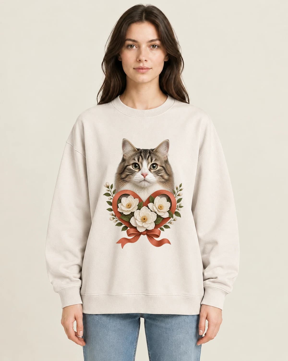 Still part of your family: Cat Close To The Heart on women's crewneck; illustrative styling