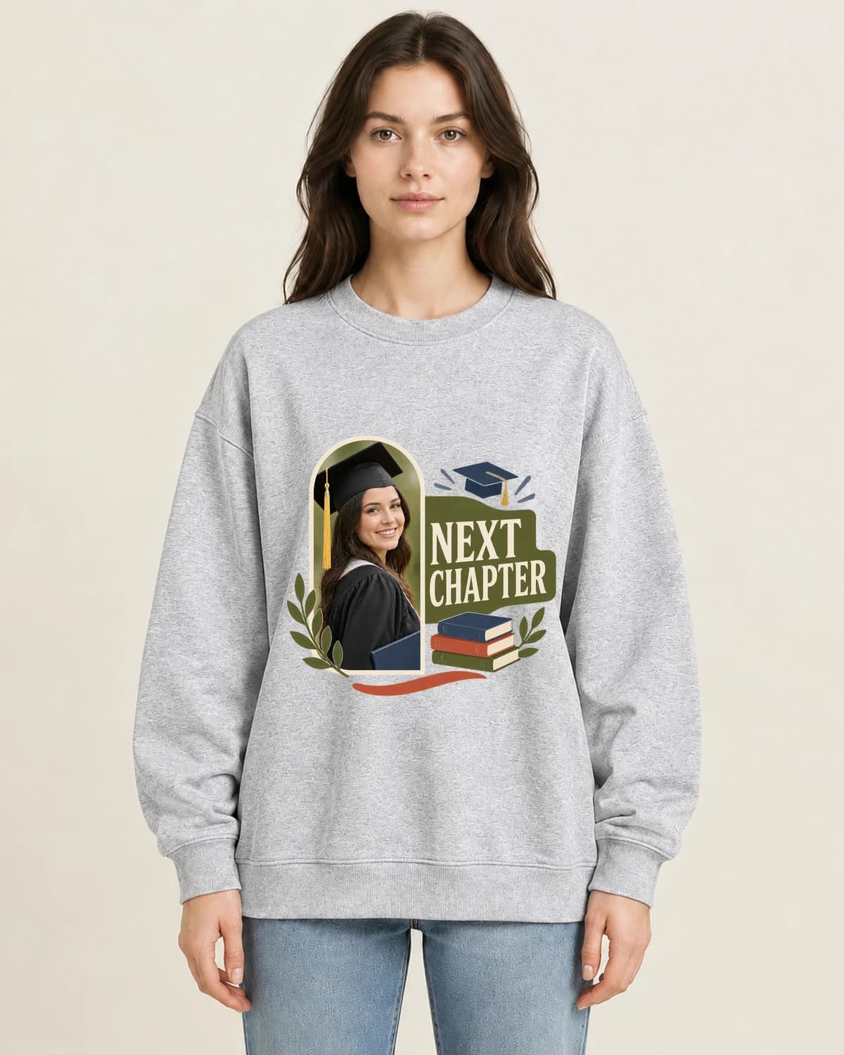 Graduation Photo Sweatshirts: Graduate Next Page on women's crewneck; illustrative styling