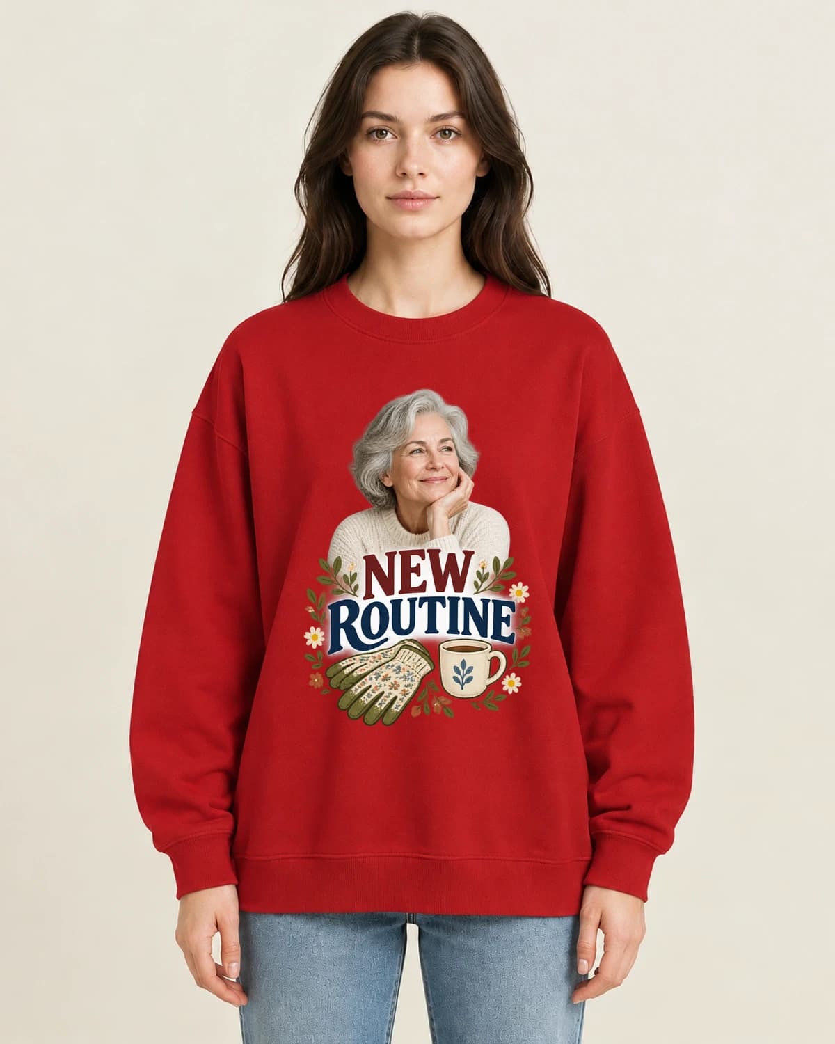 Retired New Routine on women's 220gsm Red crewneck; illustrative styling