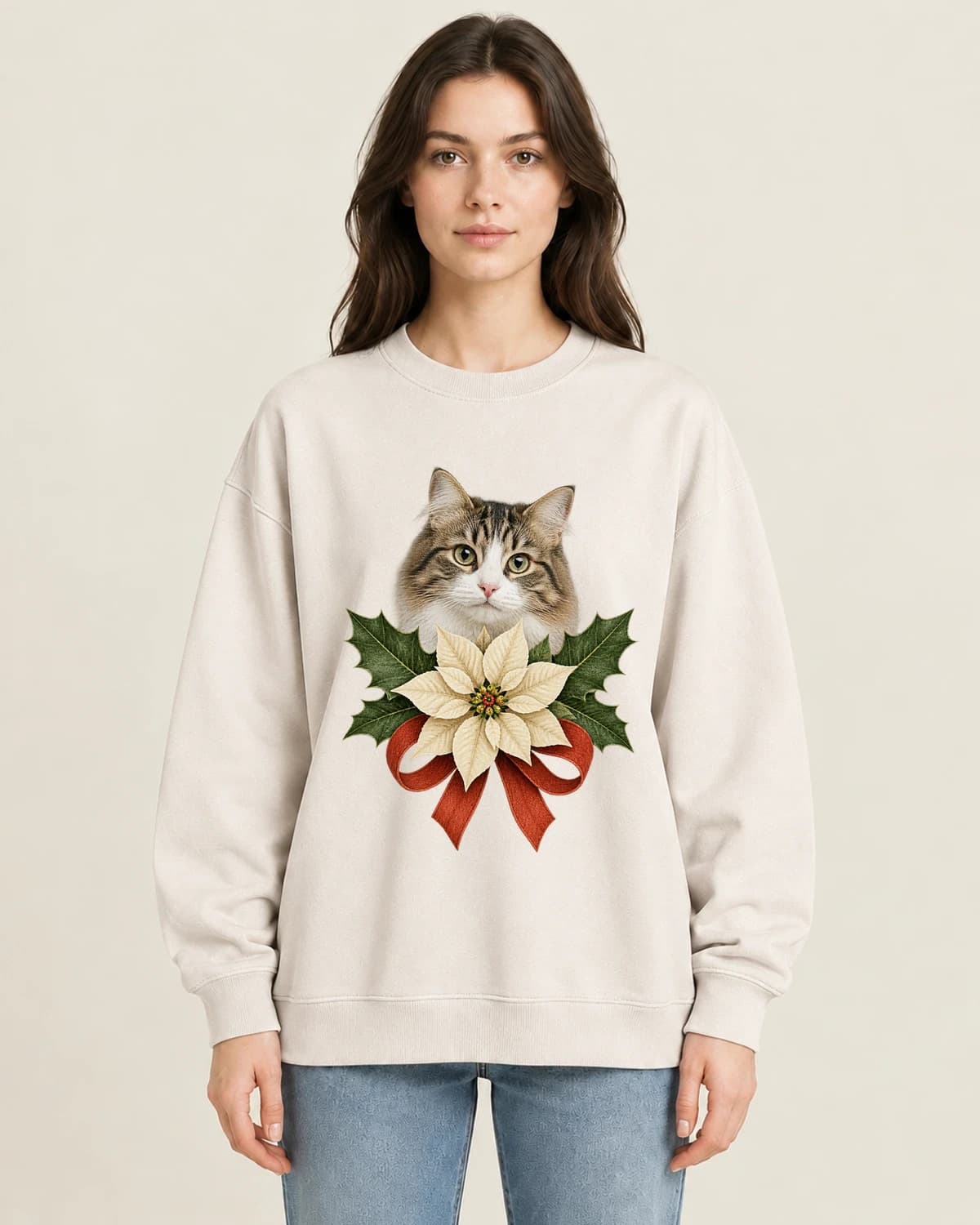 Winter Cat Garden on women's 220gsm Apricot crewneck; illustrative styling