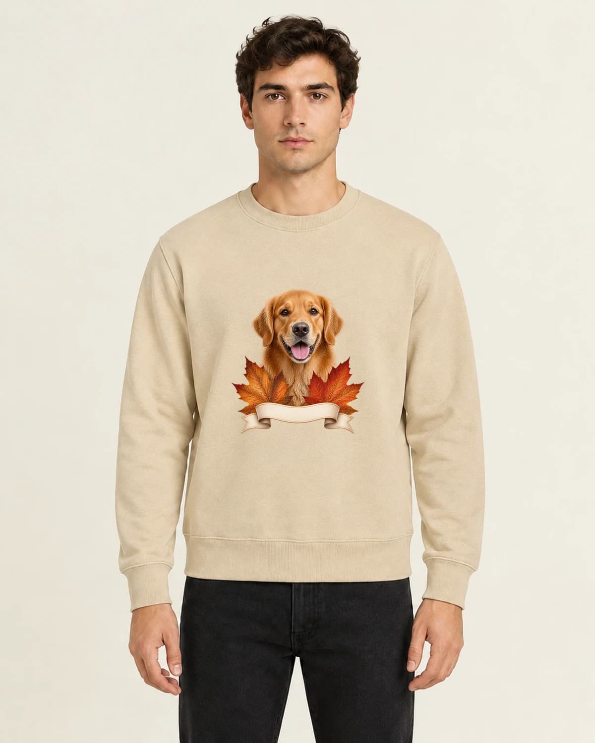 Autumn Dog Leaf Letter, men's 260gsm Sand; illustrative styling