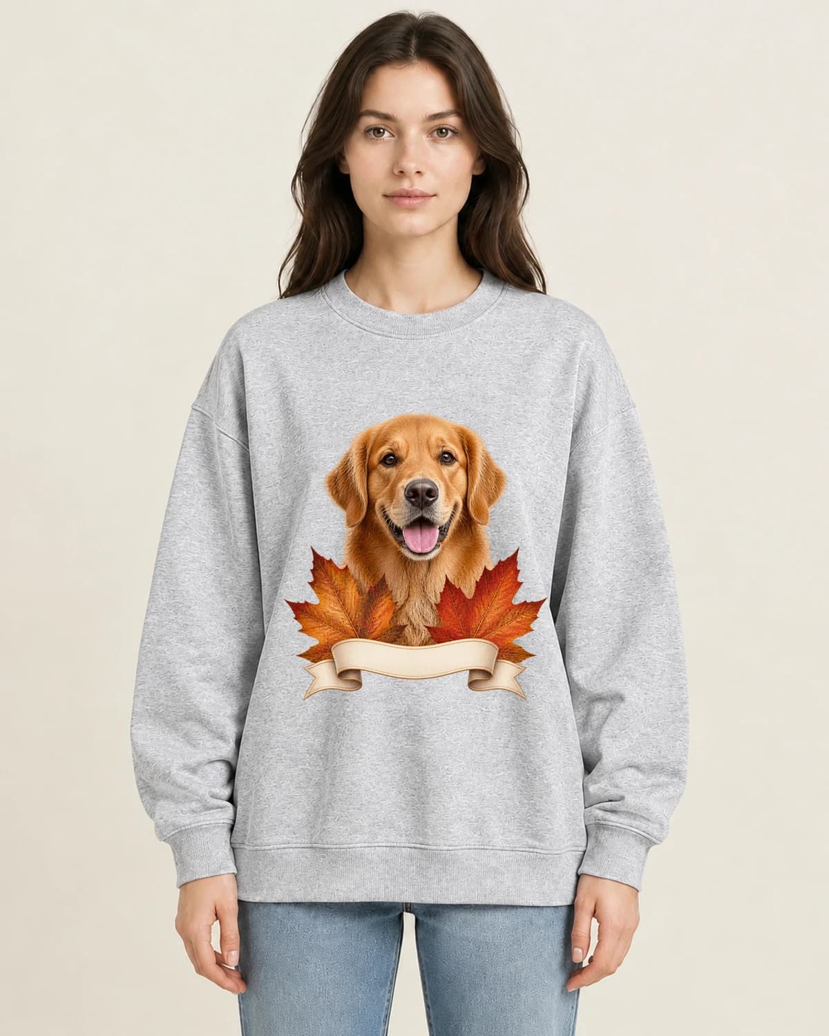 Autumn Dog Leaf Letter on women's 220gsm Gray crewneck; illustrative styling