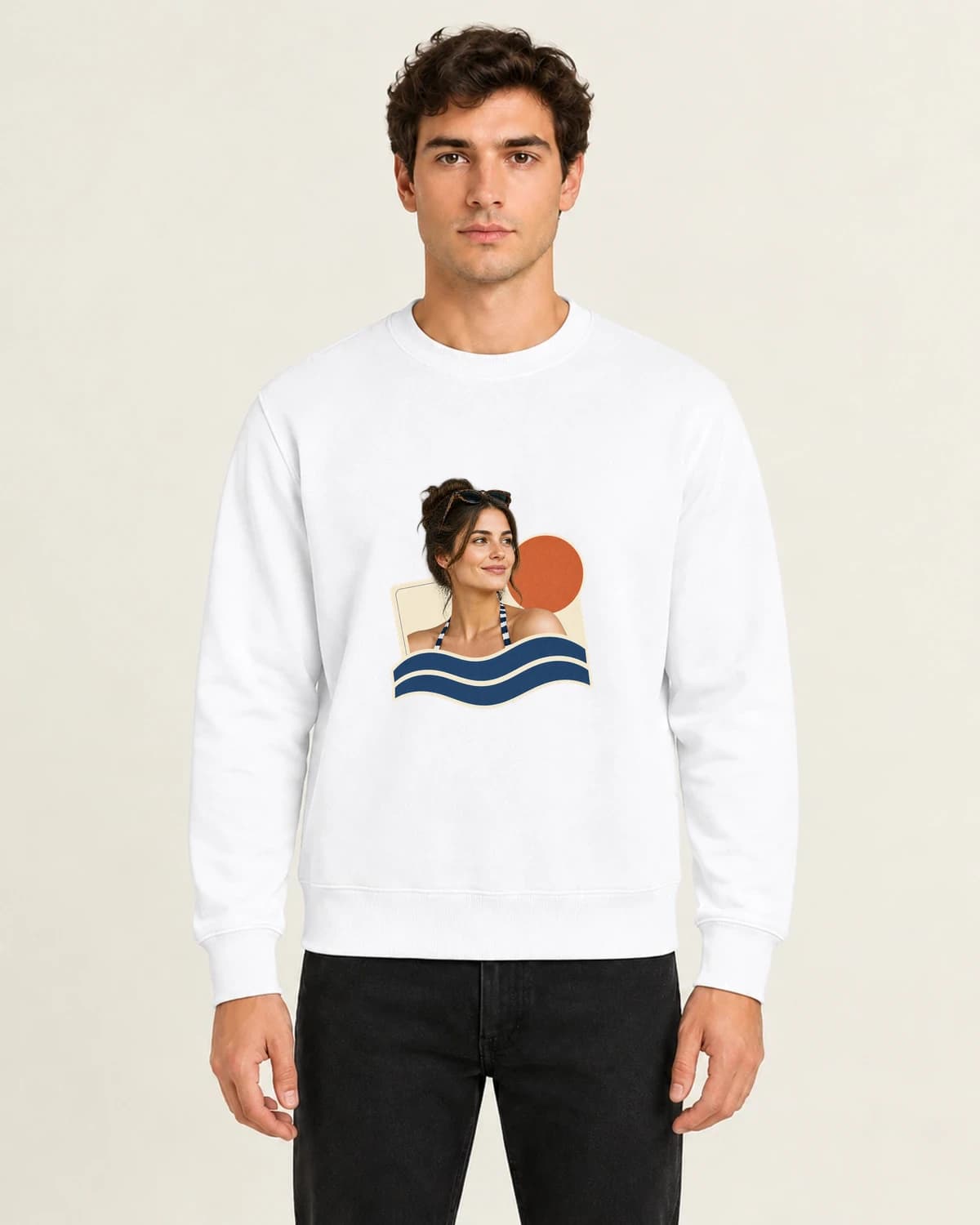 Made for their kind of day: Lake Day Personal Postcard on men's crewneck; illustrative styling
