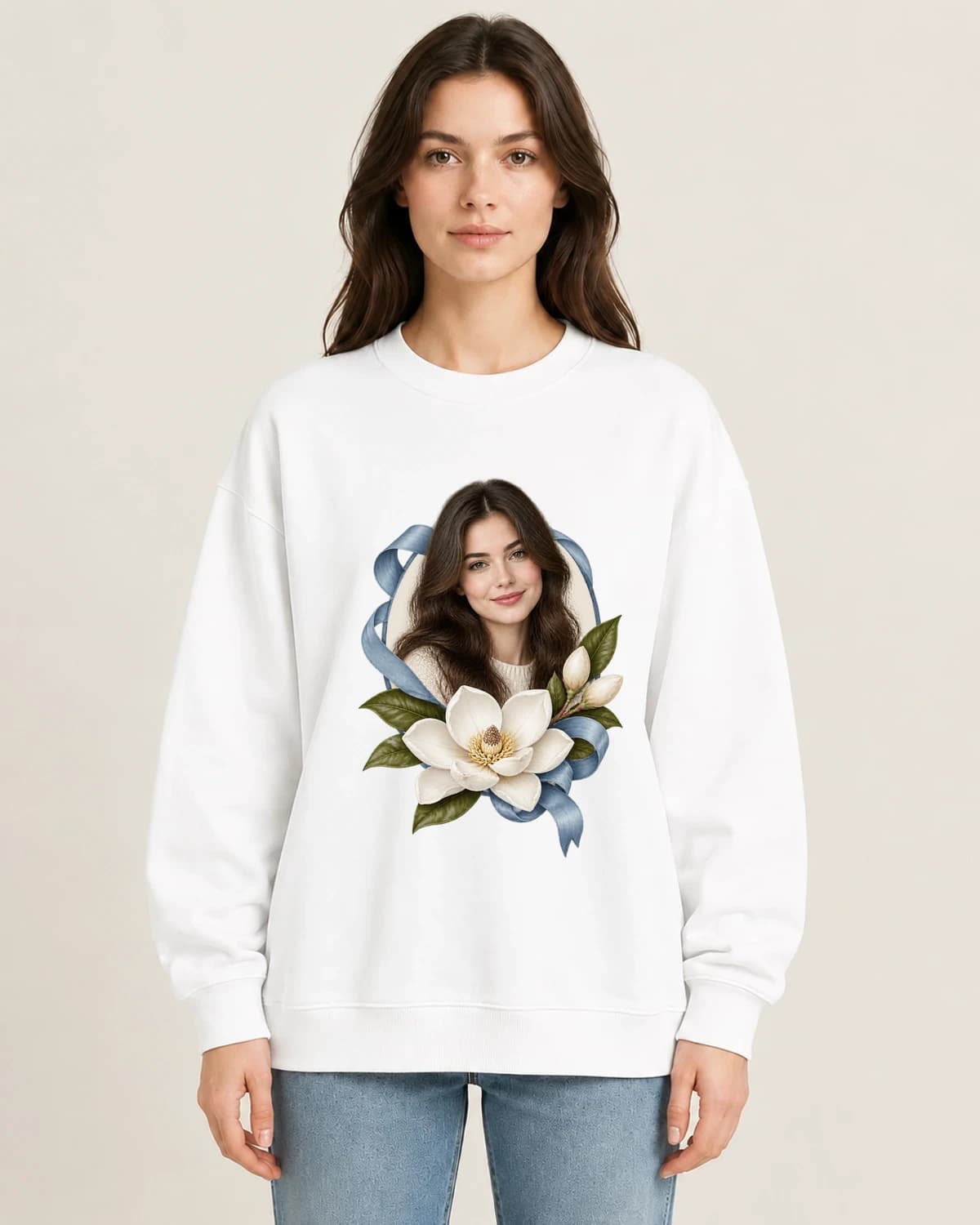 Magnolia Memory Fold on women's 220gsm White crewneck; illustrative styling