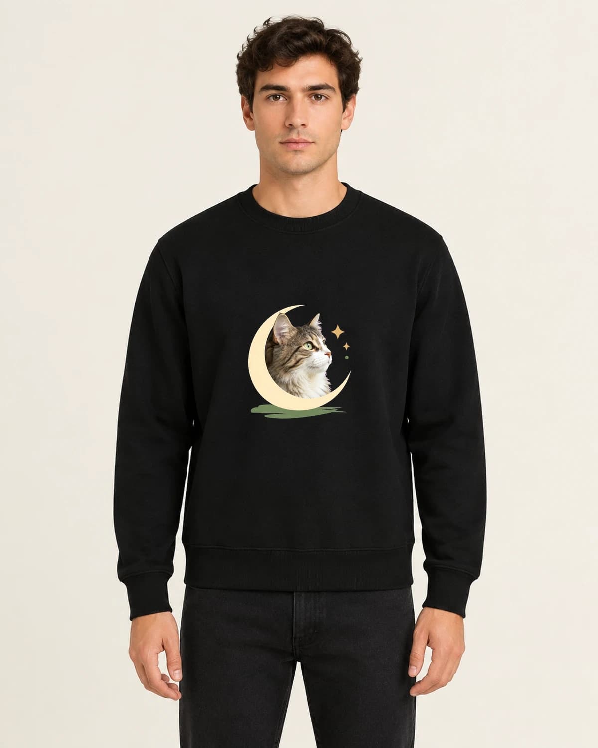 Cat Memory Moon Window, men's 260gsm Black; illustrative styling