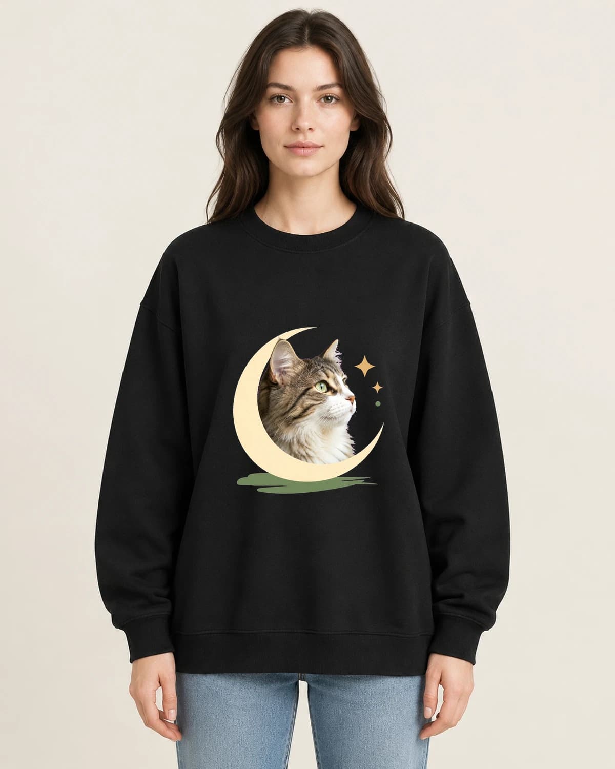 Cat Memory Moon Window on women's 220gsm Black crewneck; illustrative styling