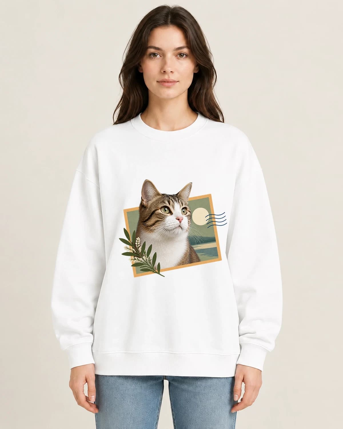 Little things, kept: Feline Lasting Postcard on women's crewneck; illustrative styling