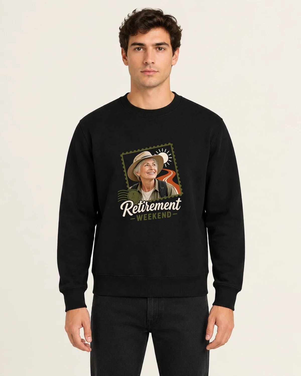 A new chapter: Retirement Weekend Passport on men's crewneck; illustrative styling