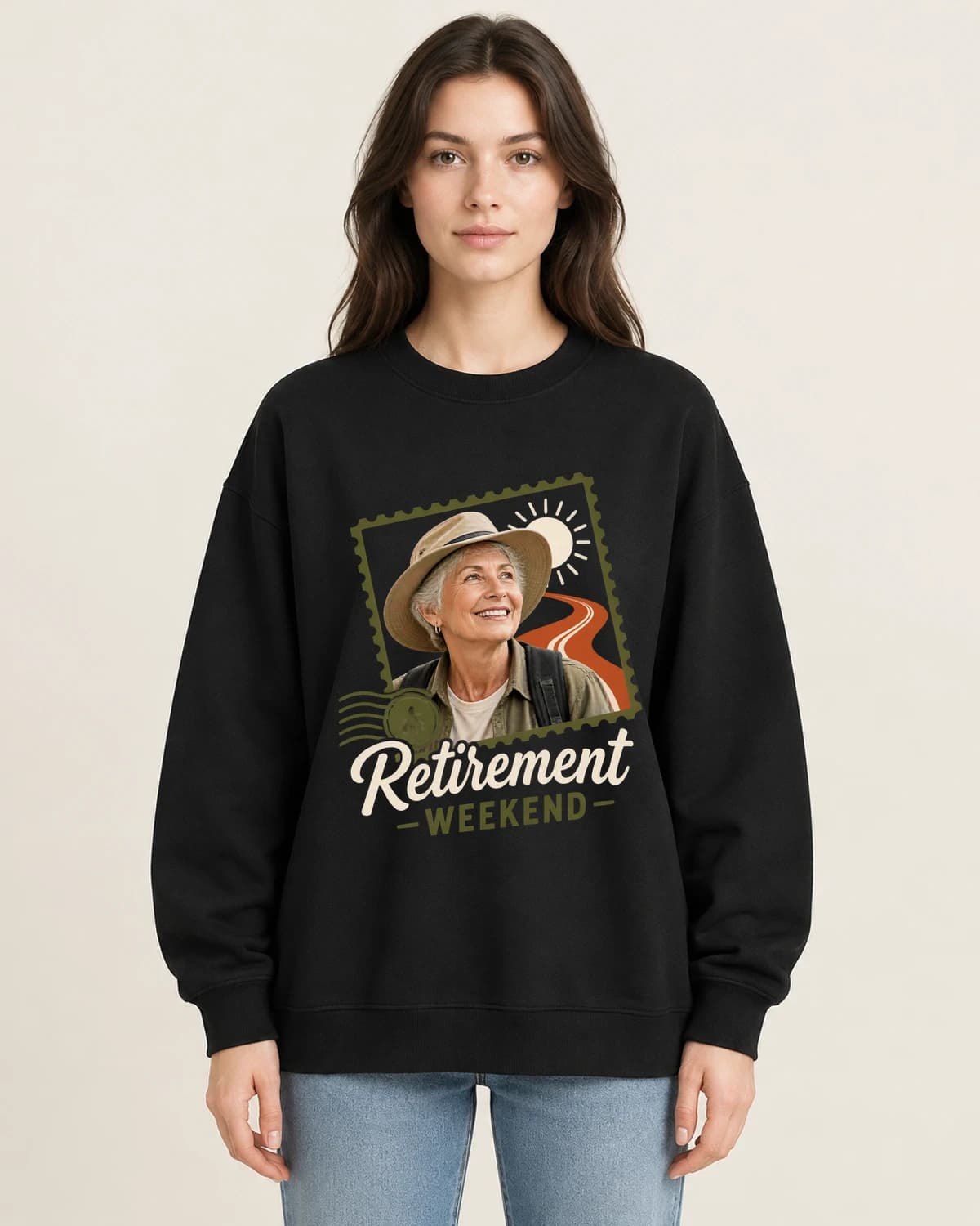Retirement Weekend Passport on women's 220gsm Black crewneck; illustrative styling