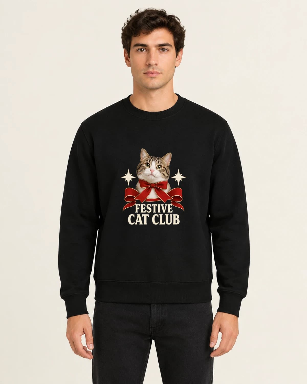 Christmas Cat Ribbon Club, men's 260gsm Black; illustrative styling