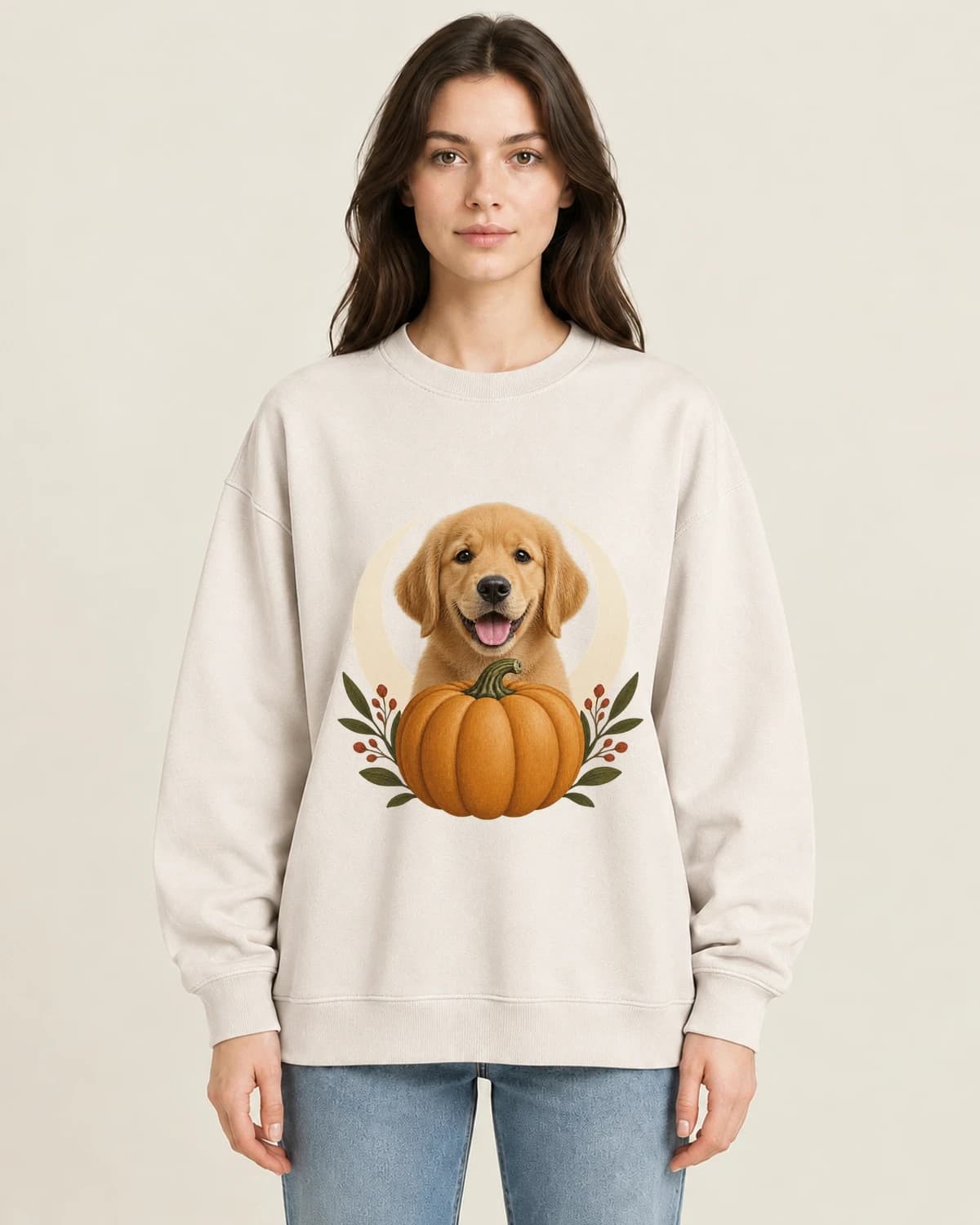 Pumpkin Pup Photo Patch on women's 220gsm Apricot crewneck; illustrative styling