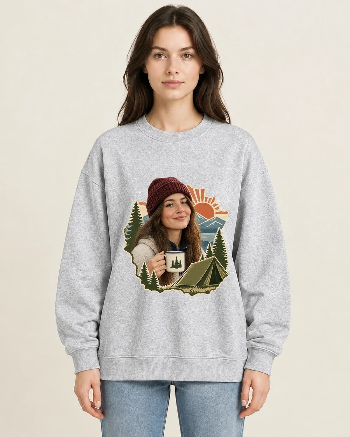 Camp Coffee Photo Permit on women's 220gsm Gray crewneck; illustrative styling