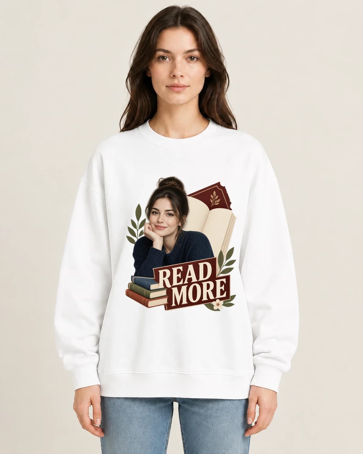 Bookshop Portrait Ticket on women's 220gsm White crewneck; illustrative styling